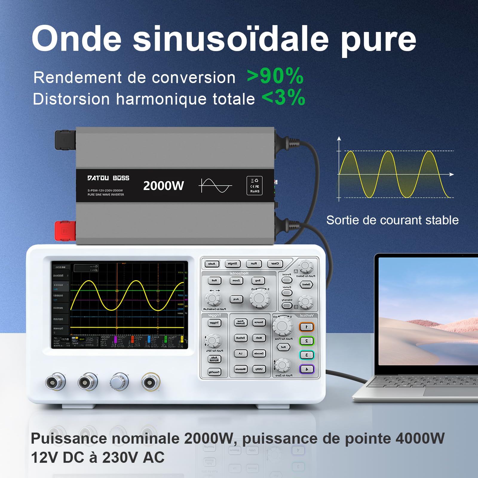 DATOUBOSS Convertisseur 12V 220V 2000W(4000W Crête) Pur Sinus, Transformateur Onde Sinusoïdale Pure, Onduleur avec 2 Prises EU, USB-A et USB-C,Écran LCD,Commande à Distance,Camping-Car Voiture,Solaire