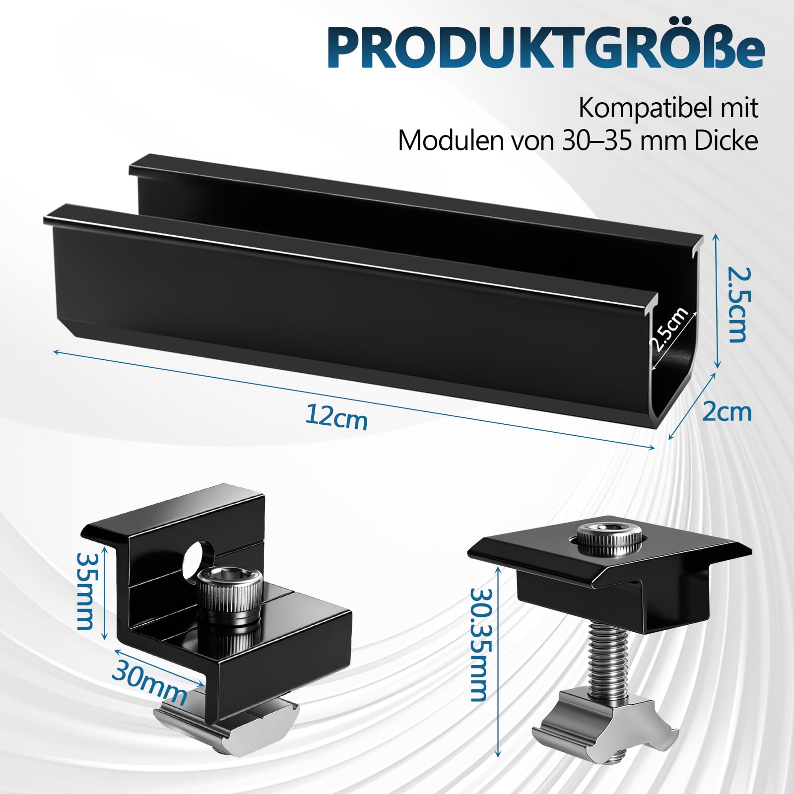 Solarmodul Halterung für 4 Module, PV Montageset mit 12 cm Alu Schiene, Mittelklemme & Endklemme für 30–35 mm Module, Solarpanel Halterung für Flachdach, Trapezblech & Blechdach