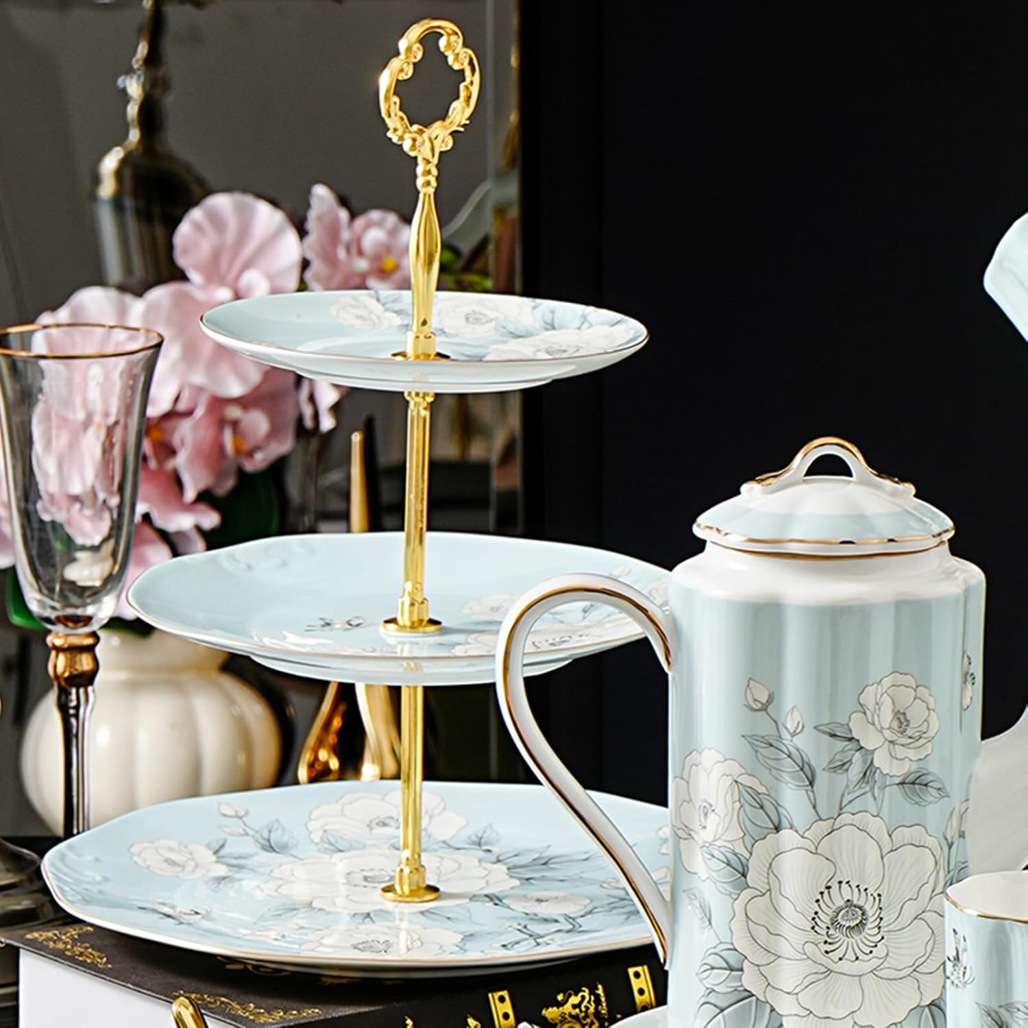 3 Tier Serving Tray, Bone China Cupcake Stand, Floral Afternoon Tea Stand, Porcelain Tiered Dessert Stand with Gold Rod and Gold Trim, Elegant Cupcake Tower Stand for Tea Party Birthday Party