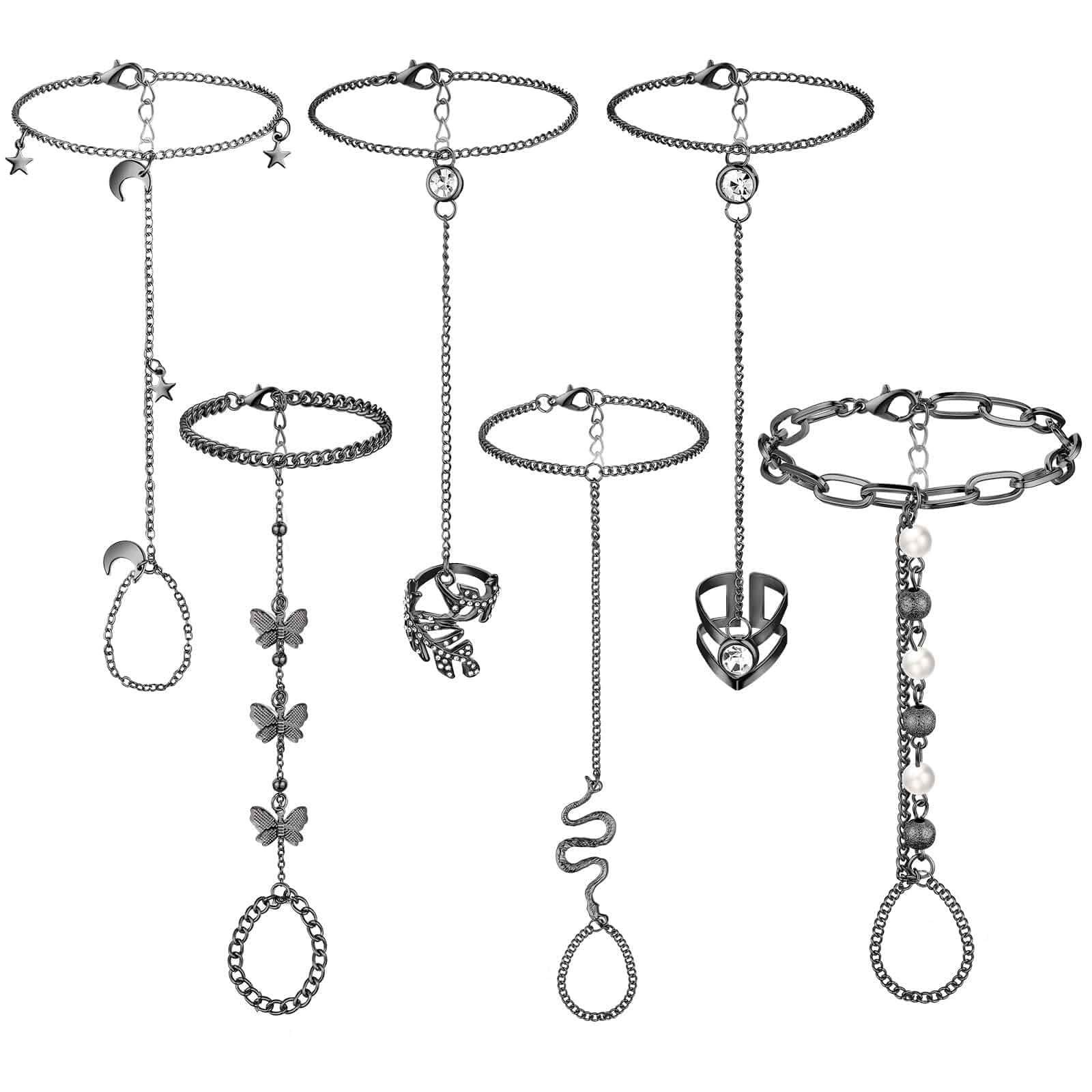 Fumete 6 Pcs Finger Ring Bracelet, Hand Chain Jewelry Slave Bracelet Woman, Rhinestone Hand Harness Chain, Rose Gold Silver Hand Jewelry, Daily Wear Parties Events Accessory