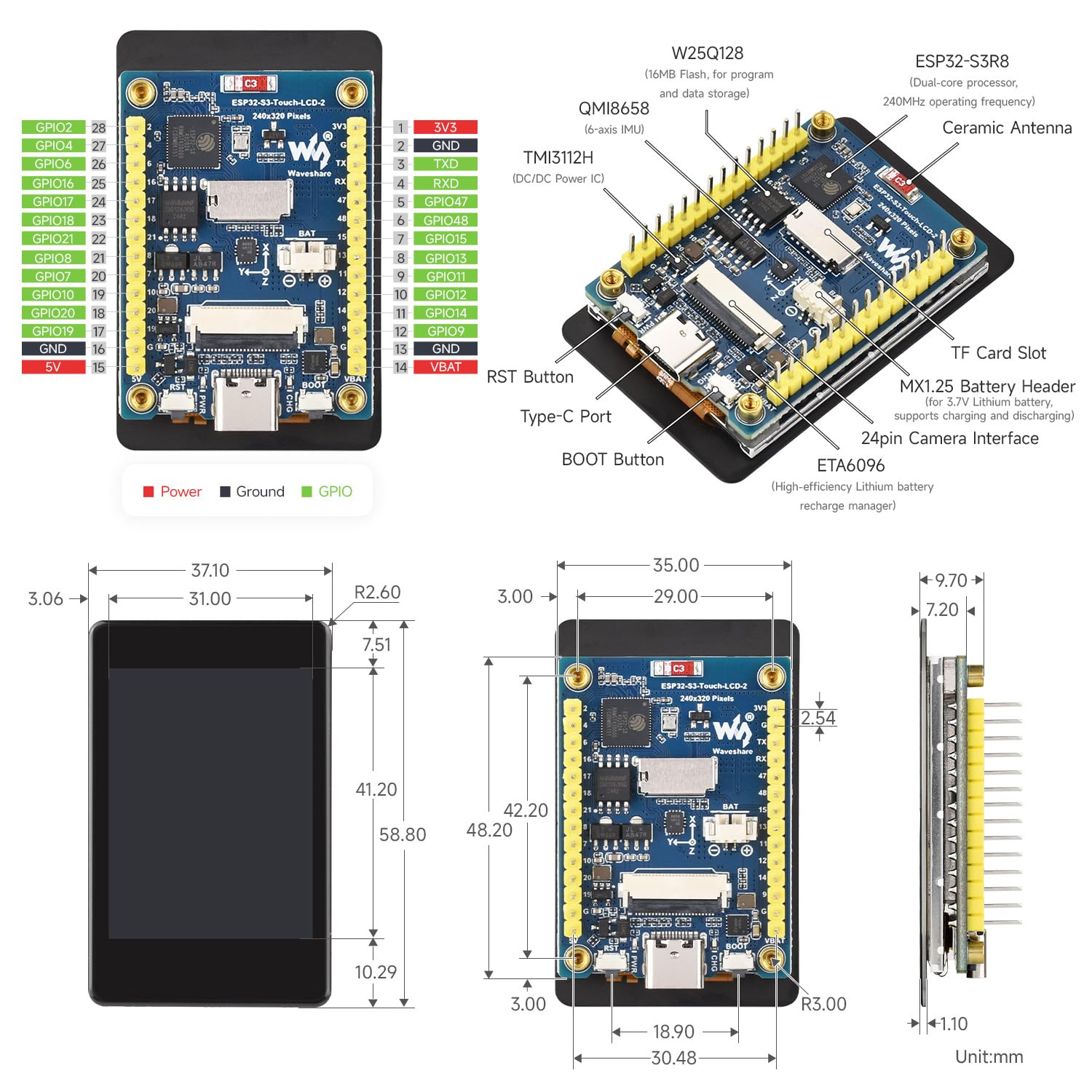 Waveshare ESP32-S3 2inch Capacitive Touch Display Development Board, 240x320, IPS, 32-Bit LX7 2-Core Processor, Up to 240MHz Frequency, Support WiFi BT, Support OV5640 5MP Camera Module(Not Included)