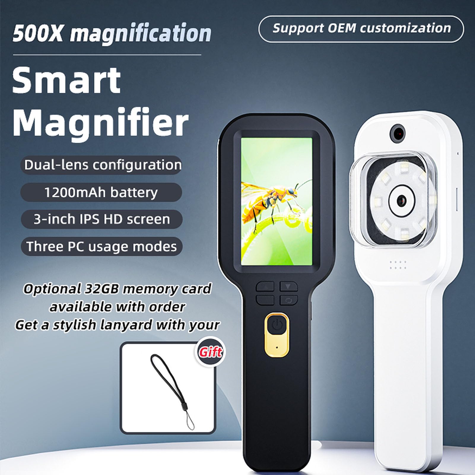 Microscopio Digital Portátil, Microscopio de Bolsillo de Mano con Doble Lente de Aumento 5X 500X, Digital de Mano con 3 Modos de Trabajo 16 Luces LED para Evaluación de Joyas (White)