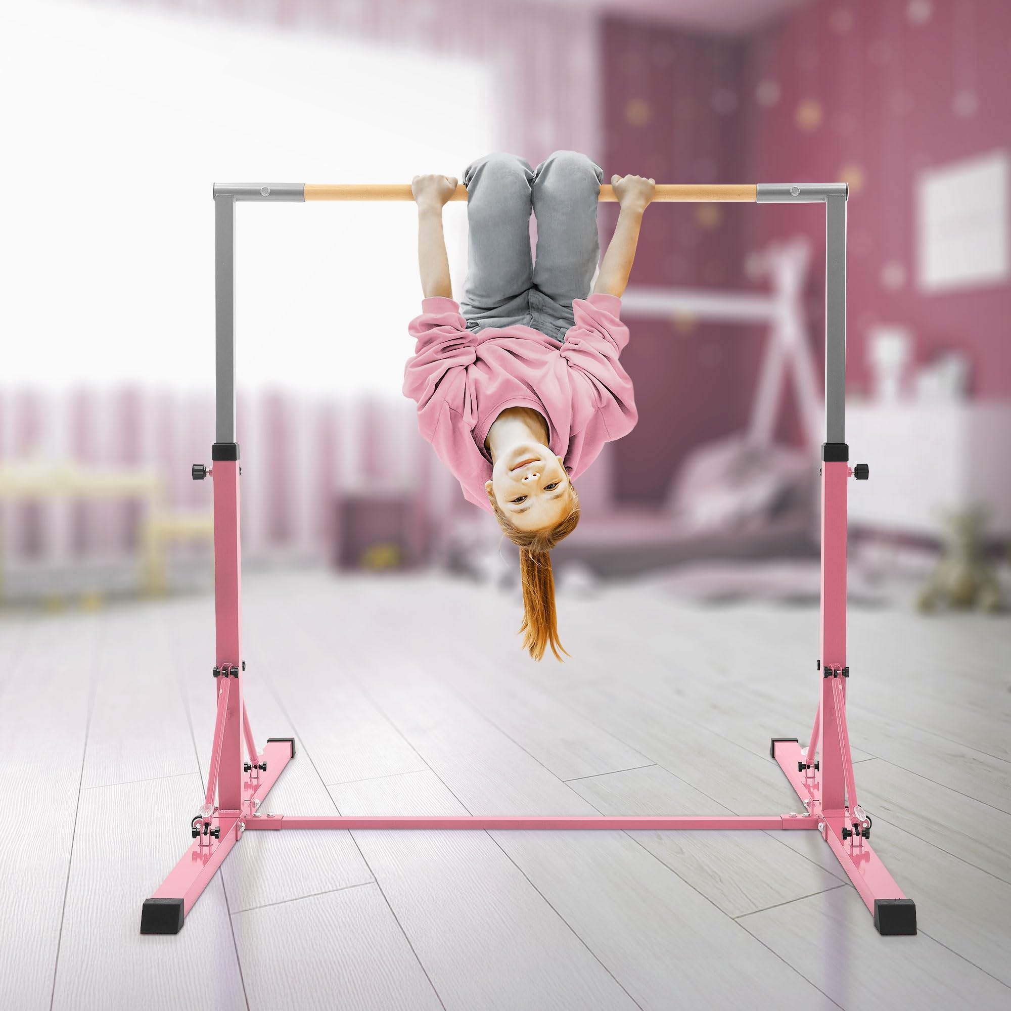 Hauki Gymnastik Turnreck, Gymnastikstange faltbar, Kinder Gymnastics Bar, Reckstange höhenverstellbar 95,5-150 cm, Turnstange aus Holz/Stahl, Trainingsgeräte Indoor/Outdoor, Übungsstange, Heimtraining