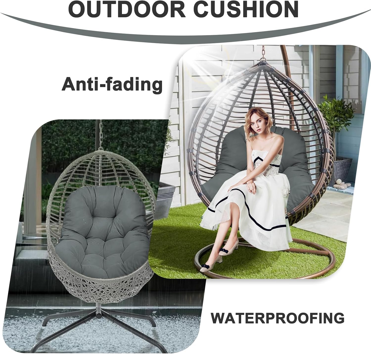 Egg Chair Cushion Replacement, 7.8in Thick Waterproof Hanging Egg Chair Cushions, Outdoor Papasan Rocking Chair Cushions with Ties, Hammock Chair Pad for Indoor Outdoor (only Cushion) (GRAY1)