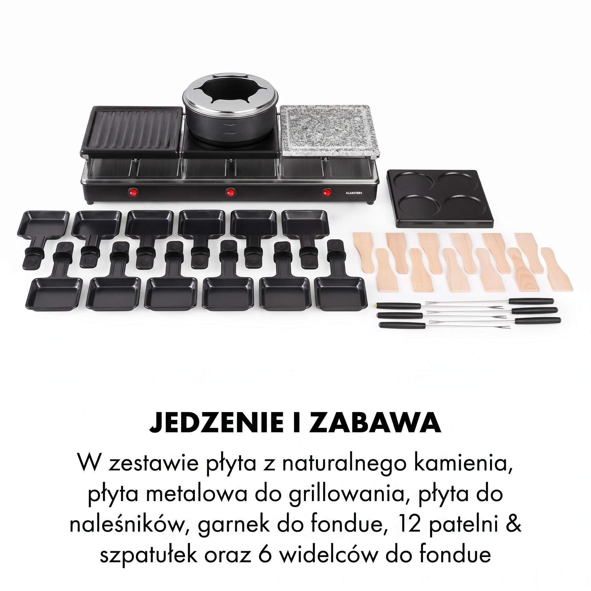 Klarstein Fonduelette XL - Grill raclette i fondue 3 w 1, 1650 W, metal/kamień naturalny/płyta krepowa, 3 oddzielne elementy grzewcze ze stali nierdzewnej, 12 osób, nieprzywierający, czarny