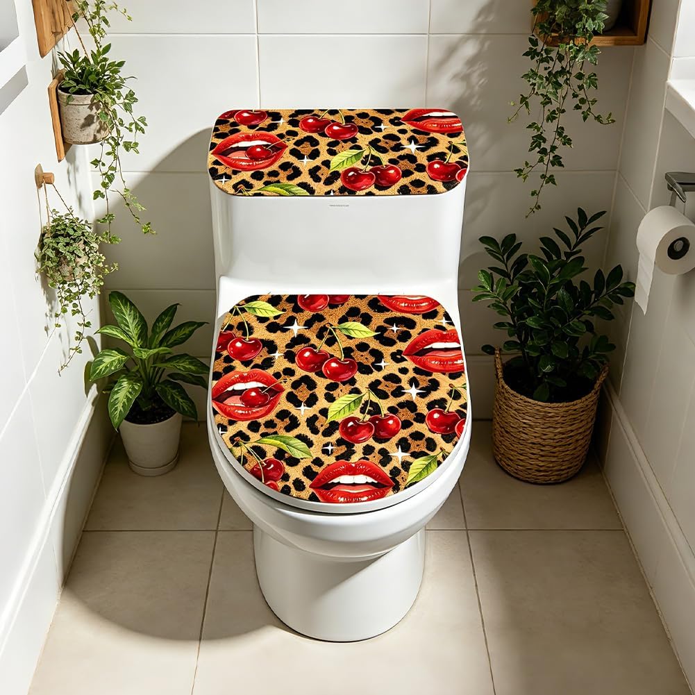 2Pcs Leopard Lips Toilet Lid Cover and Tank Cover Set Stretch Cover Sets Cherry Toilet Seat Covers Fabric Sets Machine Wash Fits Round Elongated Oblong for Bathroom Replacement image 4