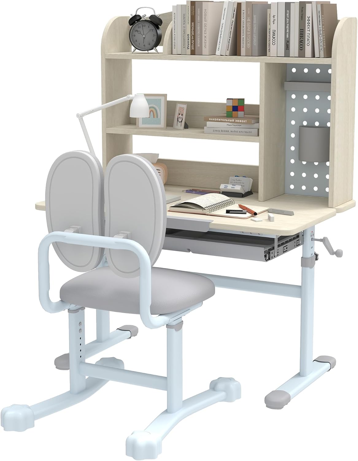 Qaba Kids Desk and Chair Set, Height Adjustable Children Study Desk for Kids with Tiltable Desktop, Hutch and Storage Drawer for Ages 3-12, Gray
