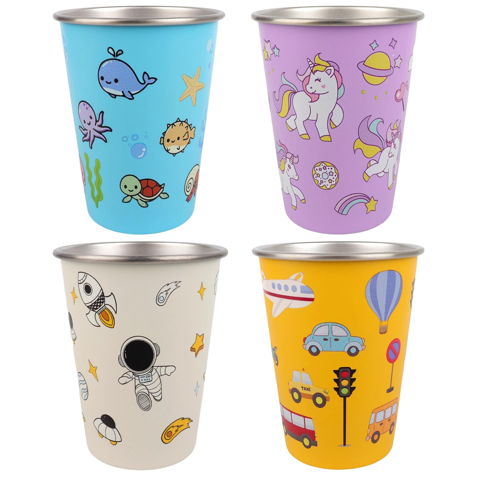 Set di 4 Bicchieri in Acciaio Inox per Bambini 350ml, Tazze in Acciaio Inox, Animali Marini Dinosauro Spazio Unicorno, Bicchieri Riutilizzabili Infrangibili Impilabili per Scuola Casa Campeggio