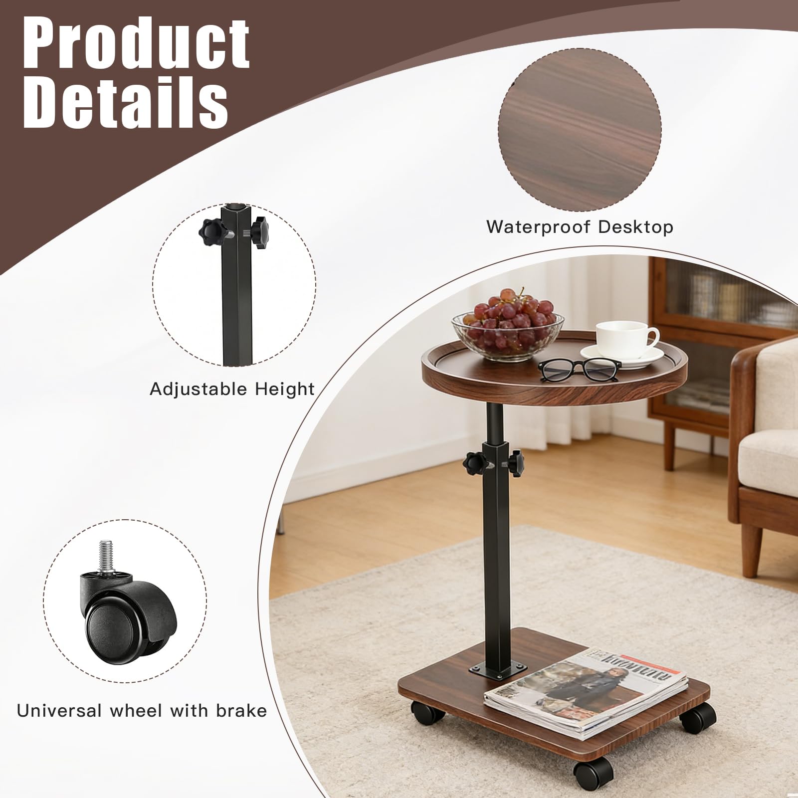 Mesa Auxiliar con Ruedas en Forma de C – Altura Regulable 45-80 cm y Girable 360° – Mesita para Sofá y Cama – Ideal para Salón, Dormitorio y Balcón