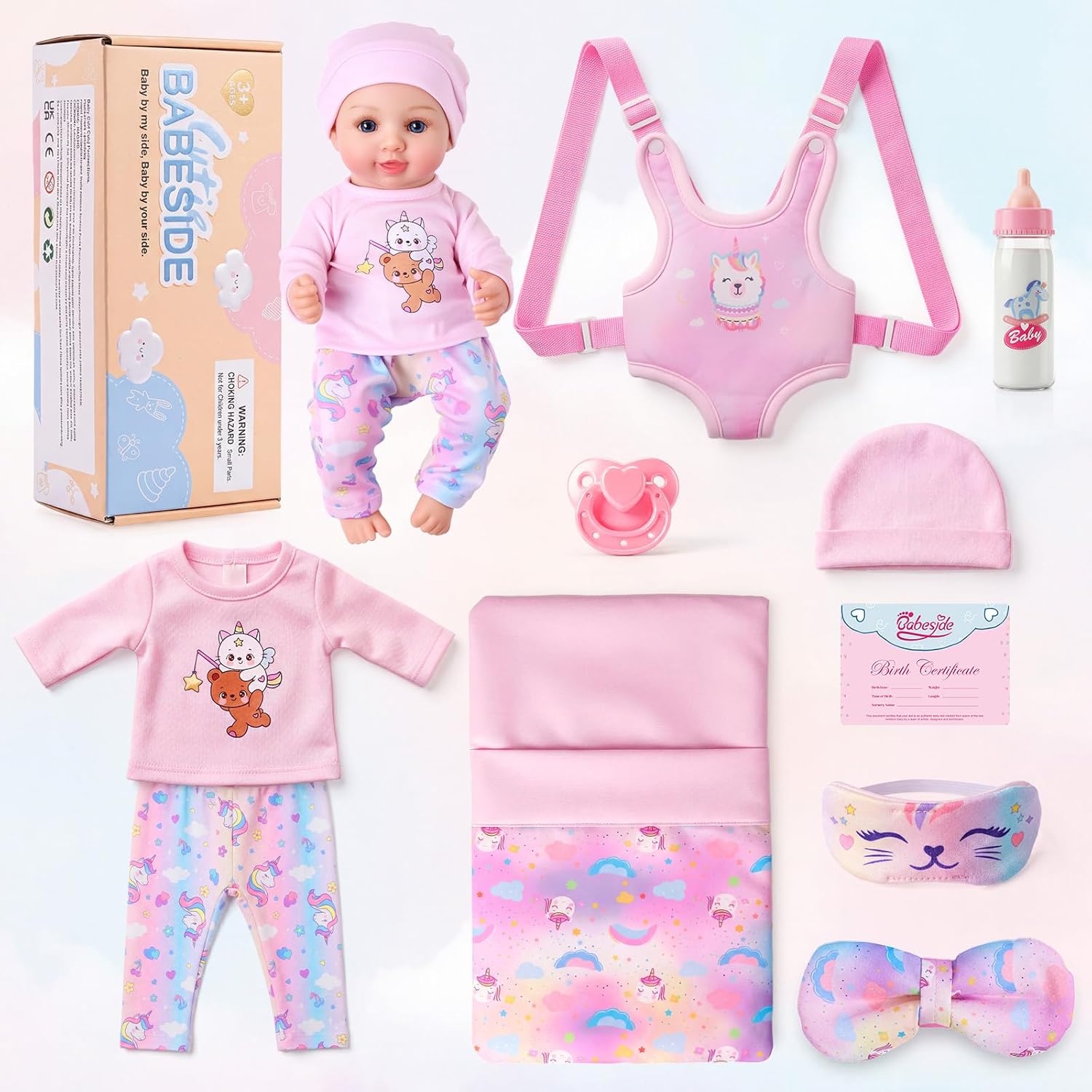 BABESIDE 12 Inch Baby Doll Set with Strap Carrier Sleeping Bag, Realistic Full Vinyl Baby Doll Include Unicorn Outfit and Accessories Toys Gift for Girls 3+ Years Pretend Play, Birthday, Christmas