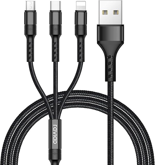 RAVIAD Multi Charger Cable, 1.2m Nylon Braided 3 in 1 Multiple Charging Cable with Micro USB Type C Multi Charger Connector for Android Samsung, Nokia, LG, Kindle