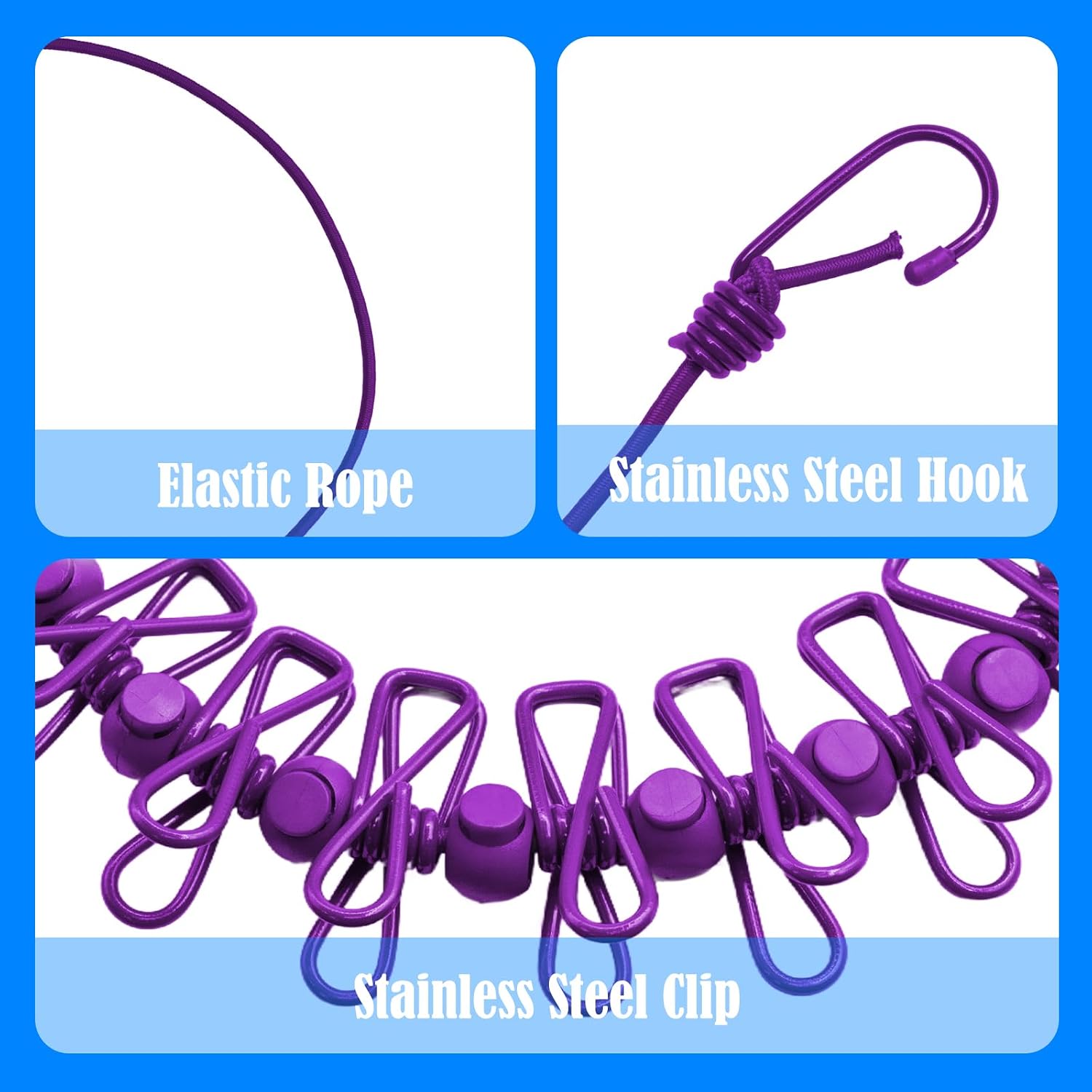 2 Pack Camping Clothesline Portable 12 Clothespins, Purple image 2
