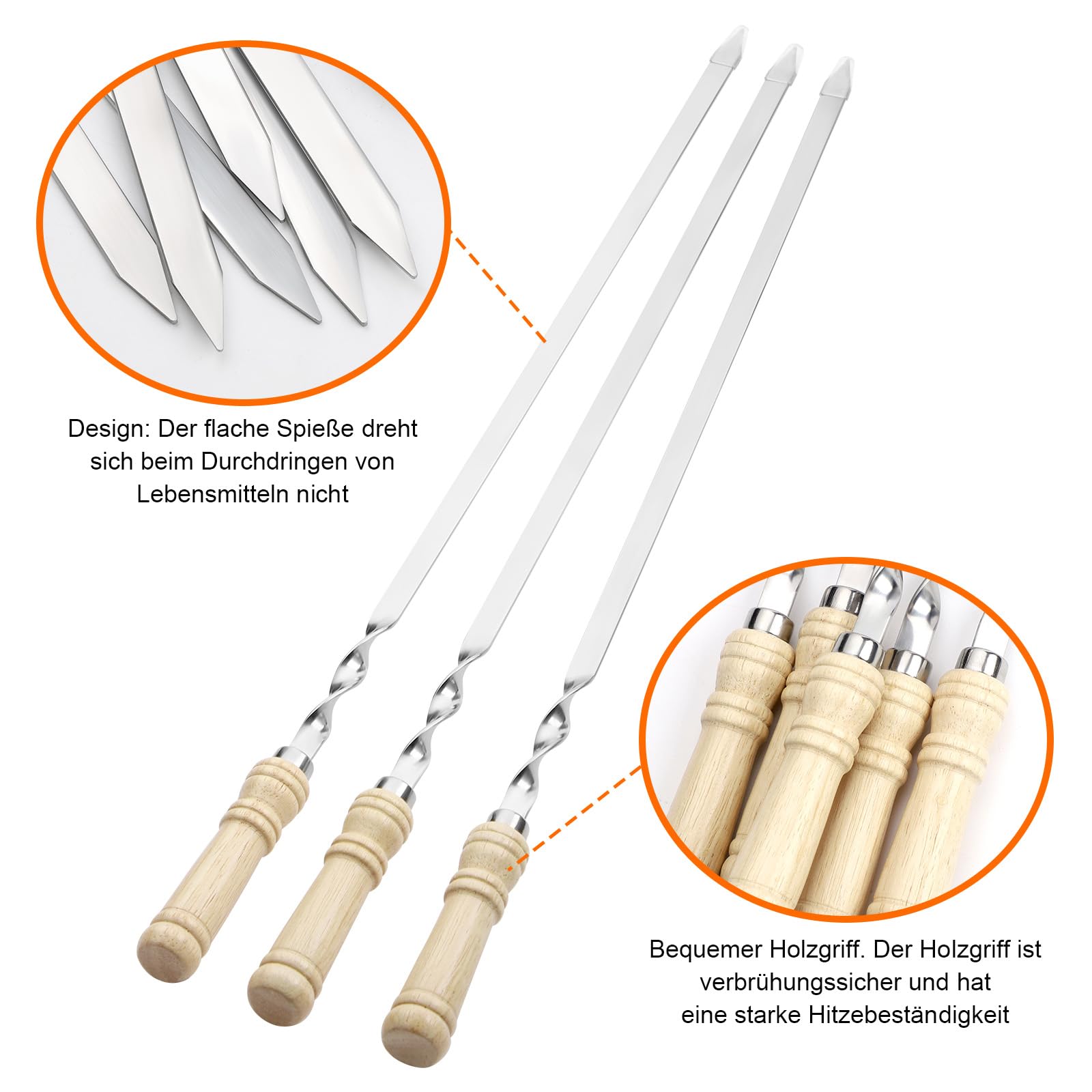 Spiedini per barbecue in acciaio inox, riutilizzabili, 10 spiedini per shish kebab in acciaio inox, piatti lunghi con manico in legno, per carne, verdure, kebab (55 cm di lunghezza)