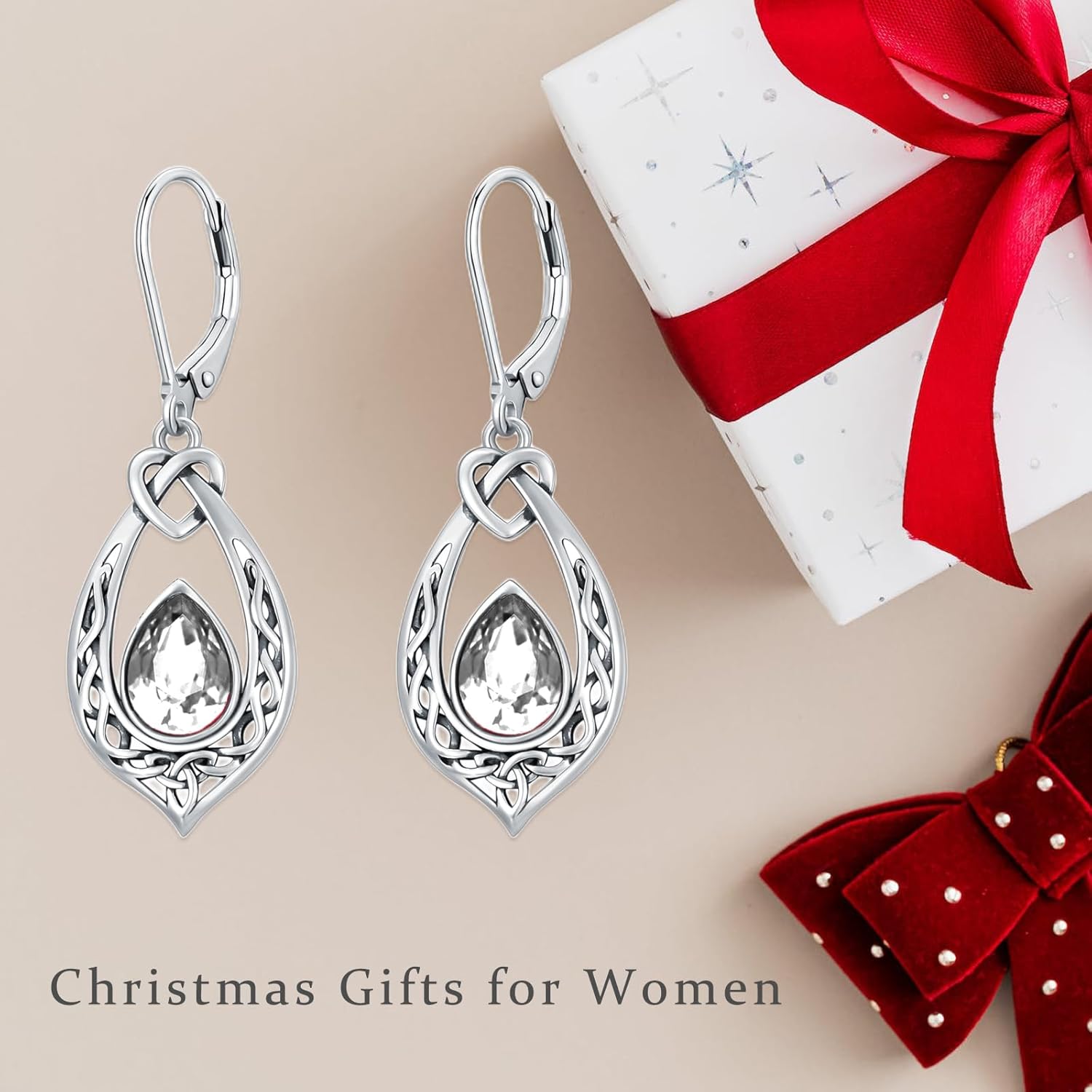 Celtic Knot Dangle Earrings 925 Sterling Silver Oxidized Vintage Drop Leverback Earrings with 8 * 6mm Simulated Birthstone Crystal Christmas Jewelry Gifts for Women (Gift Box) - Image 3