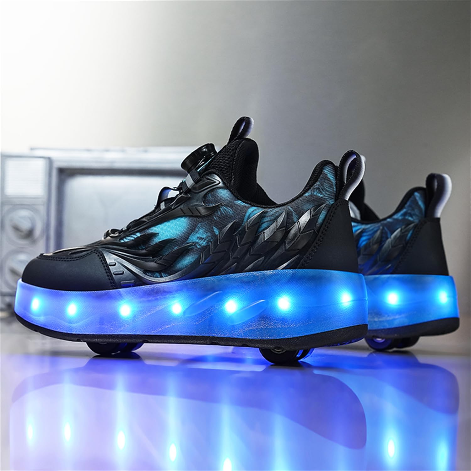 Unisex Kinder LED Licht USB Wiederaufladbar Skateboardschuhe mit Vier Rollen,Abnehmbar, Stabiler und Sicherer Outdoor Sport Fitnessschuhe Gymnastik Running Sneaker für Jungen Mädchen