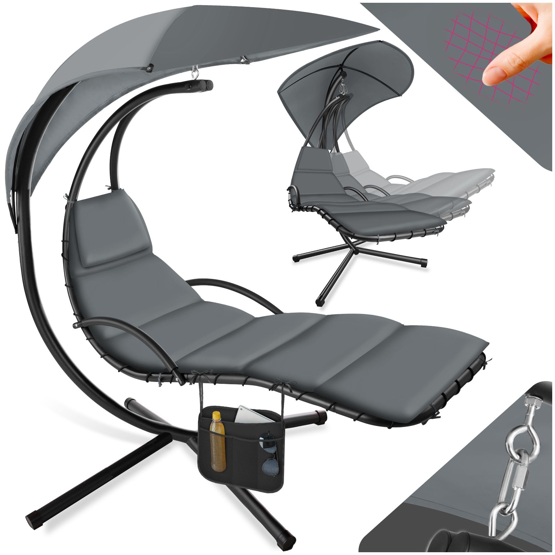 tectake® Columpio Jardín Exterior, Silla Colgante con Toldo Protección UV, Sillón Balancín con Estructura Robusta y 4 Pies en la Base, Hamaca Colgante Interior y Exterior, Ergonómica - Negro/Gris