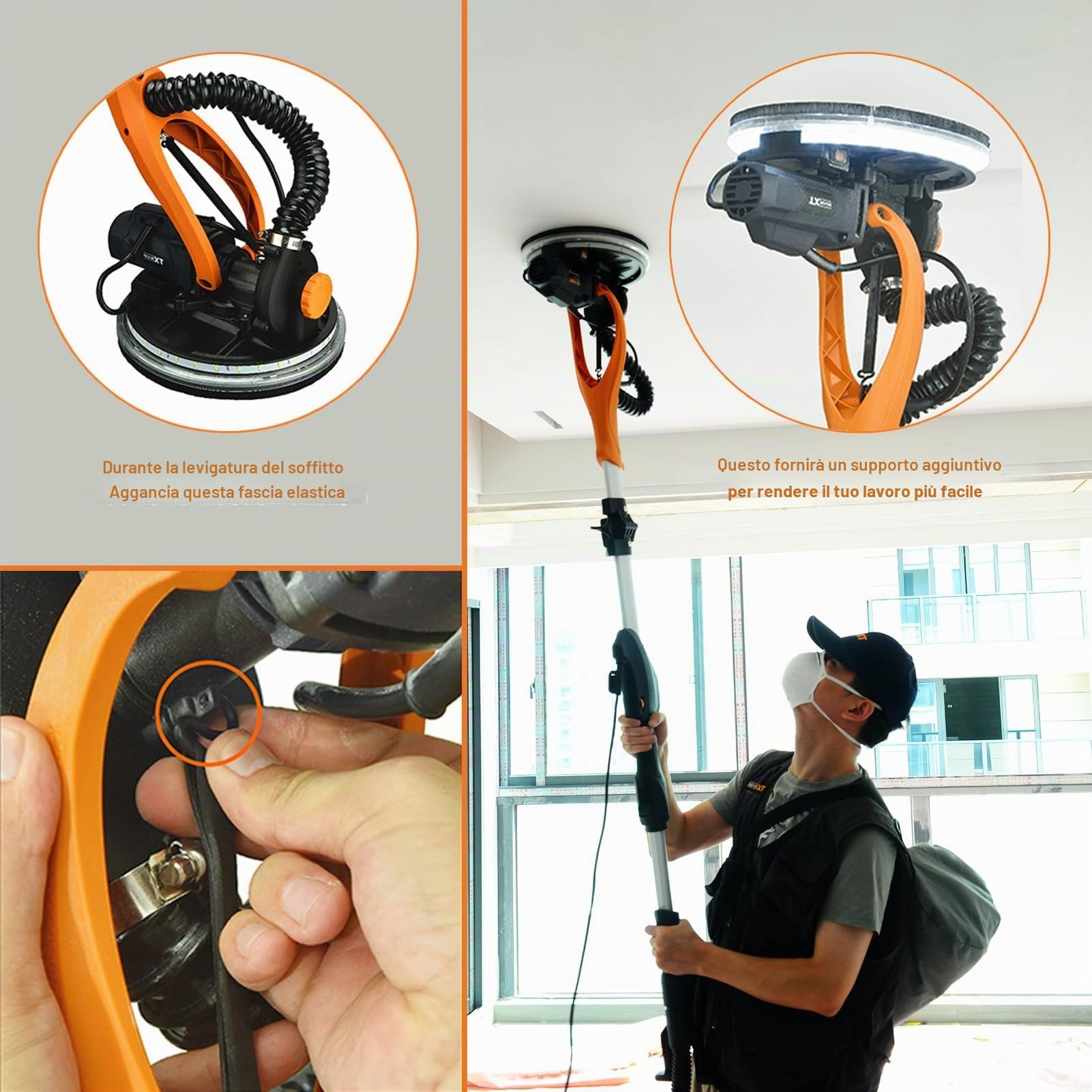 MAXXT Levigatrice per cartongesso Pieghevole Con aspirazione polvere VERO sistema di autoaspirazione Luce LED impugnatura telescopica Velocità variabile Motore 820W Sei dischi abrasivi 225mm