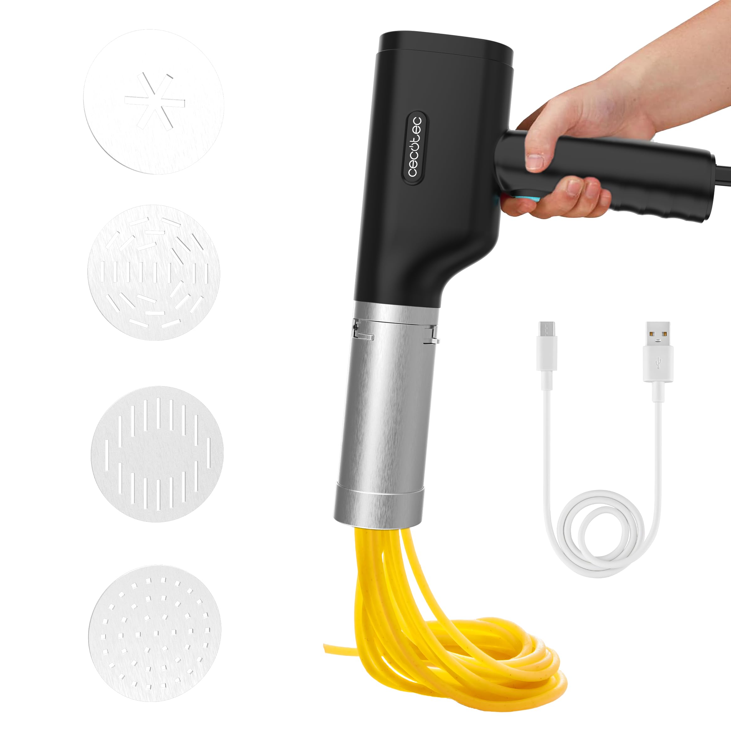 Cecotec Machine à Pâtes et Churros sans Fil Fun EasyPasta. 40 W, Capacité 200 g, 3 Disques Inclus, Prépare des Nouilles ou Noodles, Spaghettis et Tagliatelles, 50 Utilisations par Charge de Batterie