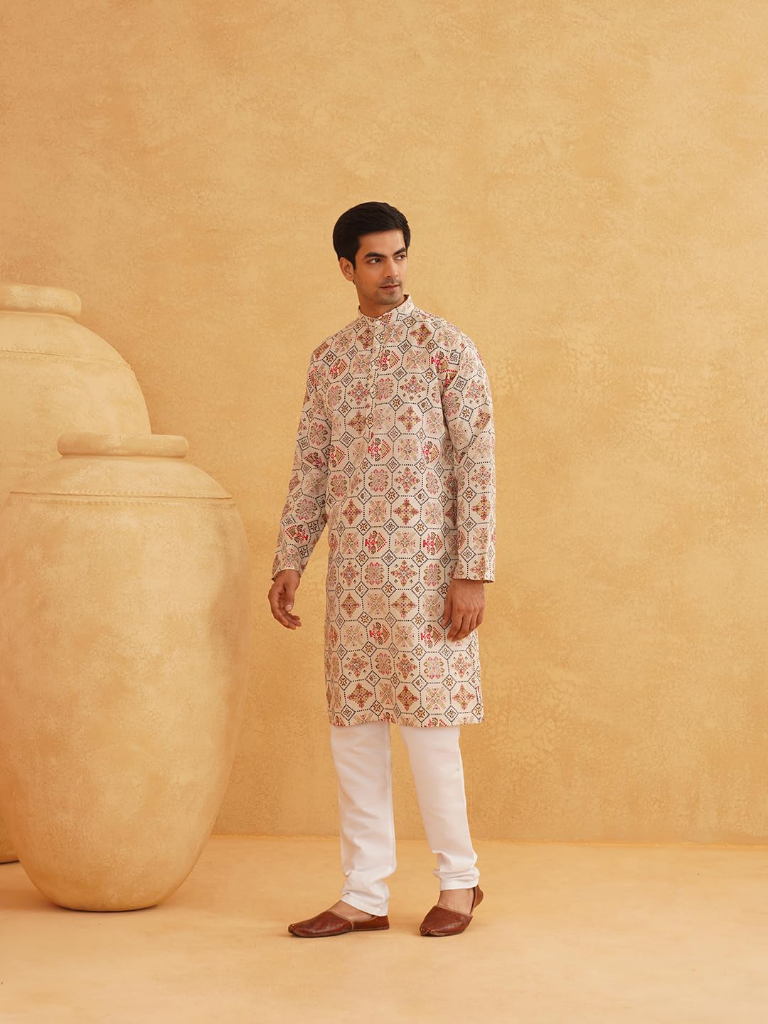 Sojanya (Since 1958 Men's Cotton Blend Cream Color Floral Design Only Long Kurta