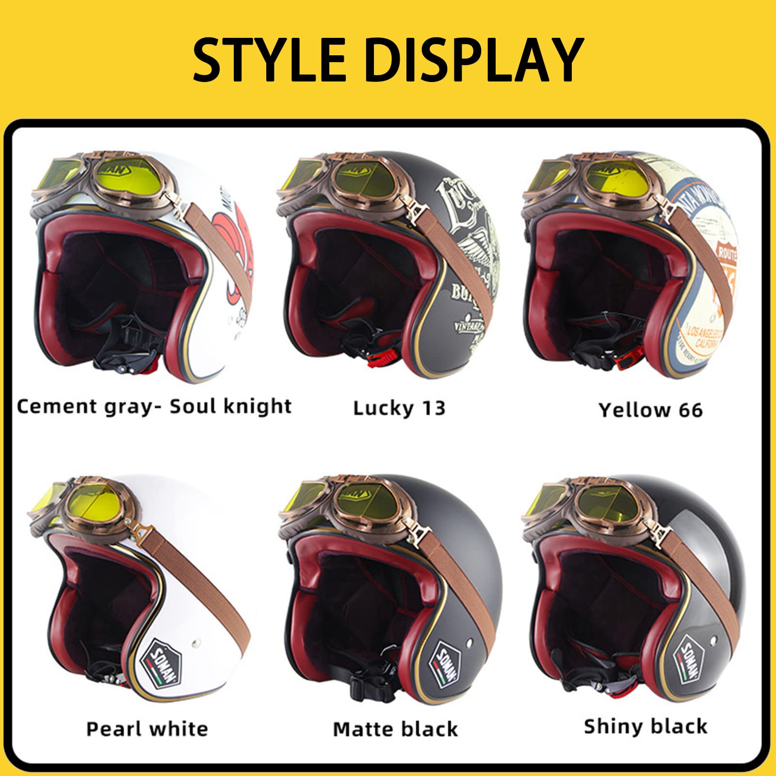 Casque Moto Demi-Visage Vintage ECE Homologué - Casque Bol Retro Avec Pare-Soleil Et Doublure Amovible Pour Homme Femme