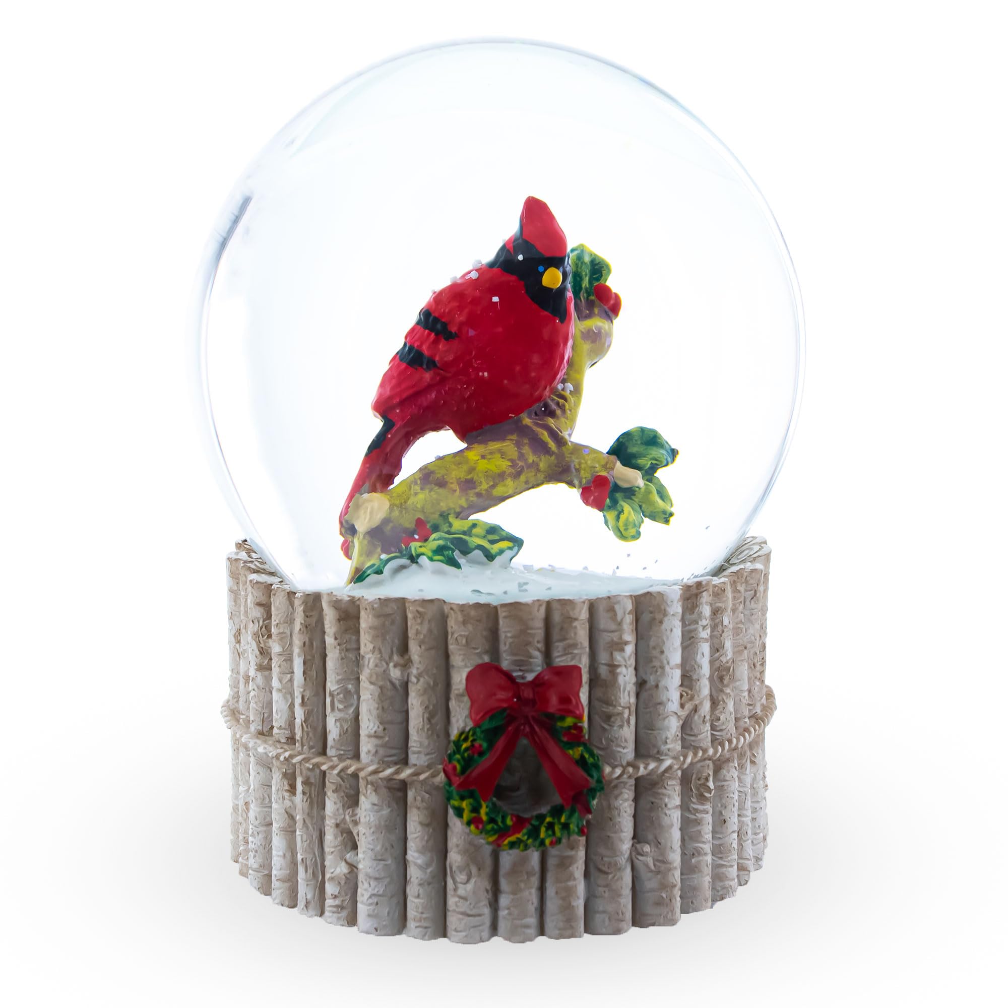 Globo de agua musical con cardenal rojo y diseño de abedul invernal