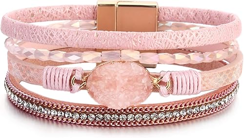 FANCY SHINY - Pulsera de cuero de estilo bohemio con cierre magnético y cuentas de cristal, regalo para mujeres, adolescentes y niñas