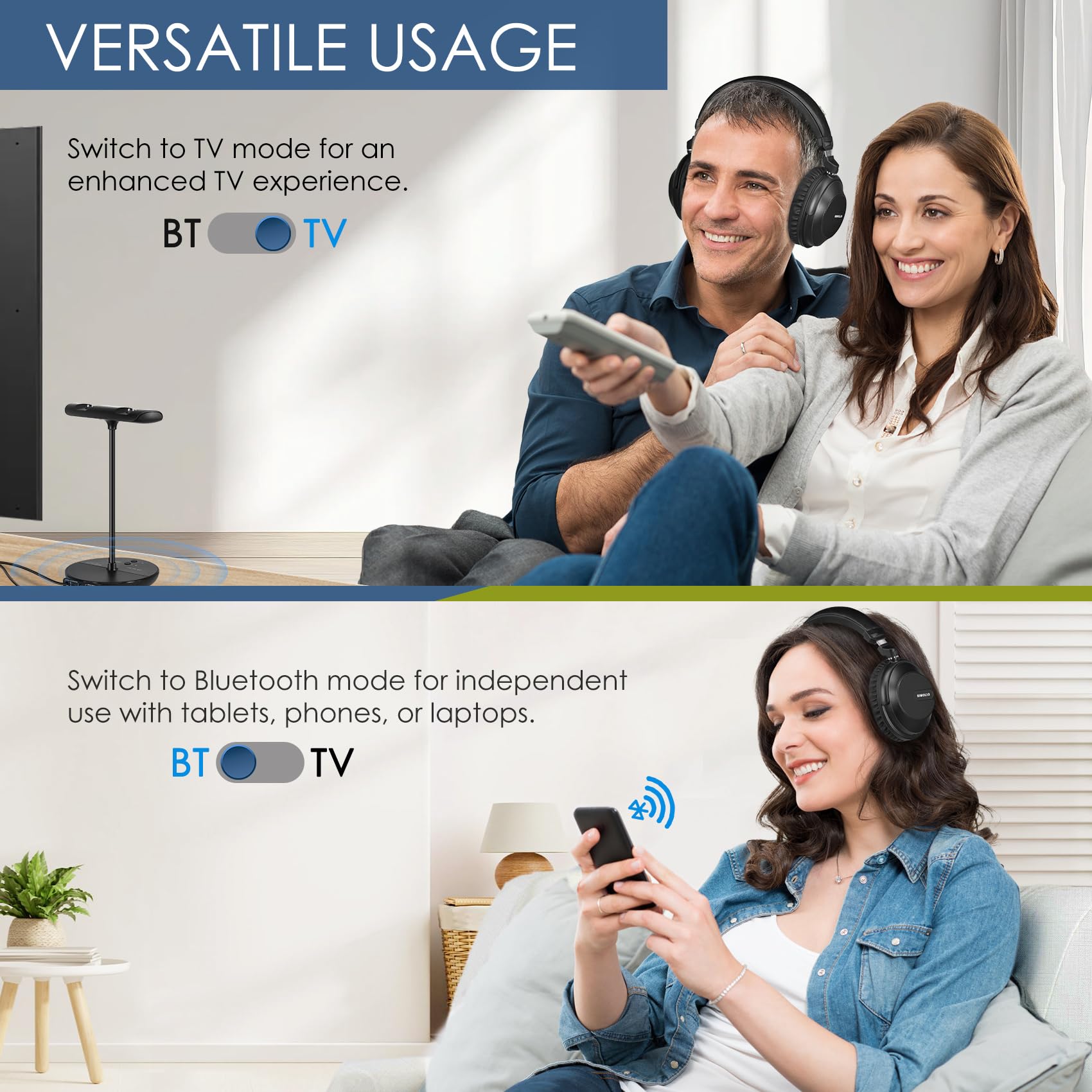 SIMOLIO Duo Kabelloser TV Kopfhörer zum Fernseher, Funkkopfhörer mit Kino & Dialogmodus, Bluetooth & TV Modus, Keine Verzögerung, Bypass zu Soundbar, Lautstärkeregler, 164FT/50M Reichweite, 737D Plus
