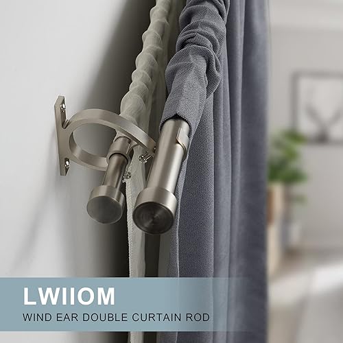 Miniatura 2 de Barras de cortina dobles de níquel cepillado de 72 a 144 pulgadas (6-12 pies), 1 pulgada delantera y 58 pulgadas trasera ajustable con tapa de