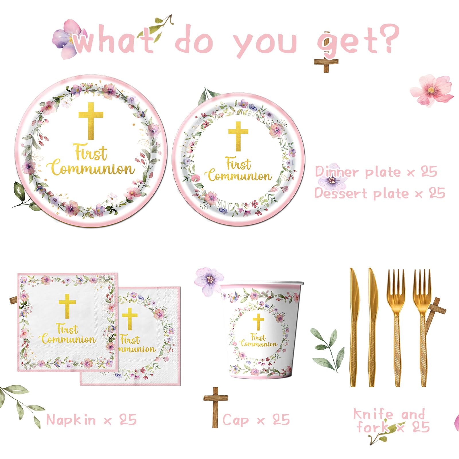 Decoraciones de primera comunión, 150 platos y servilletas rosas de primera comunión, suministros de cumpleaños, suministros de cumpleaños, vajilla de papel para niñas, bautizo, celebración, fiesta de