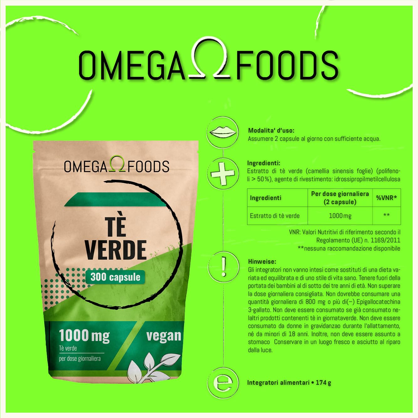 Capsule di tè verde – 300 capsule di estratto di tè verde ad alto dosaggio – 1 000 mg per dose giornaliera – Estratto di tèverde