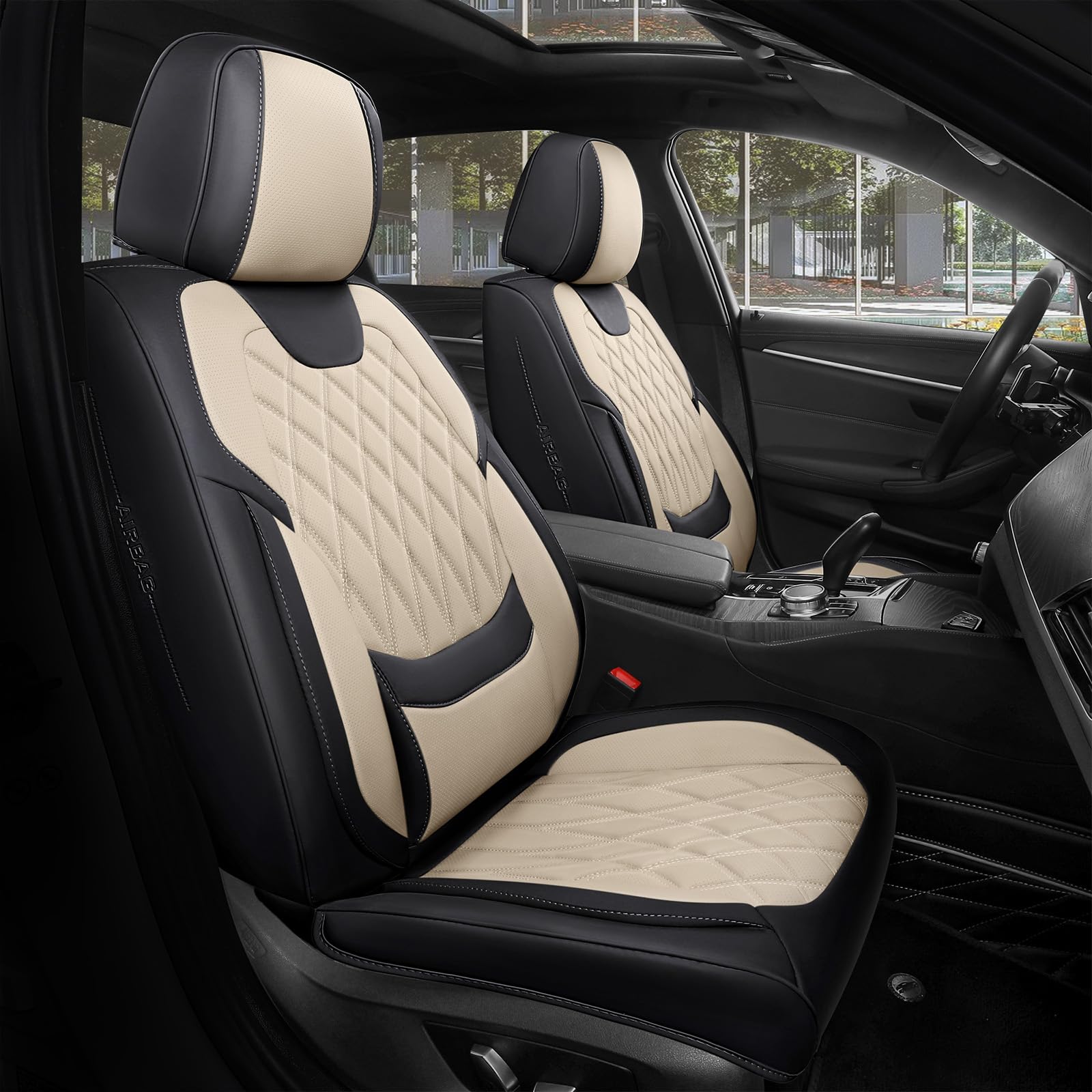 freesoo black beige car seat covers full set - faux nappa leather seat covers for cars, luxury breathable waterproof front seats with lumbar support and back seat cover, fit for sedans suvs pick-ups