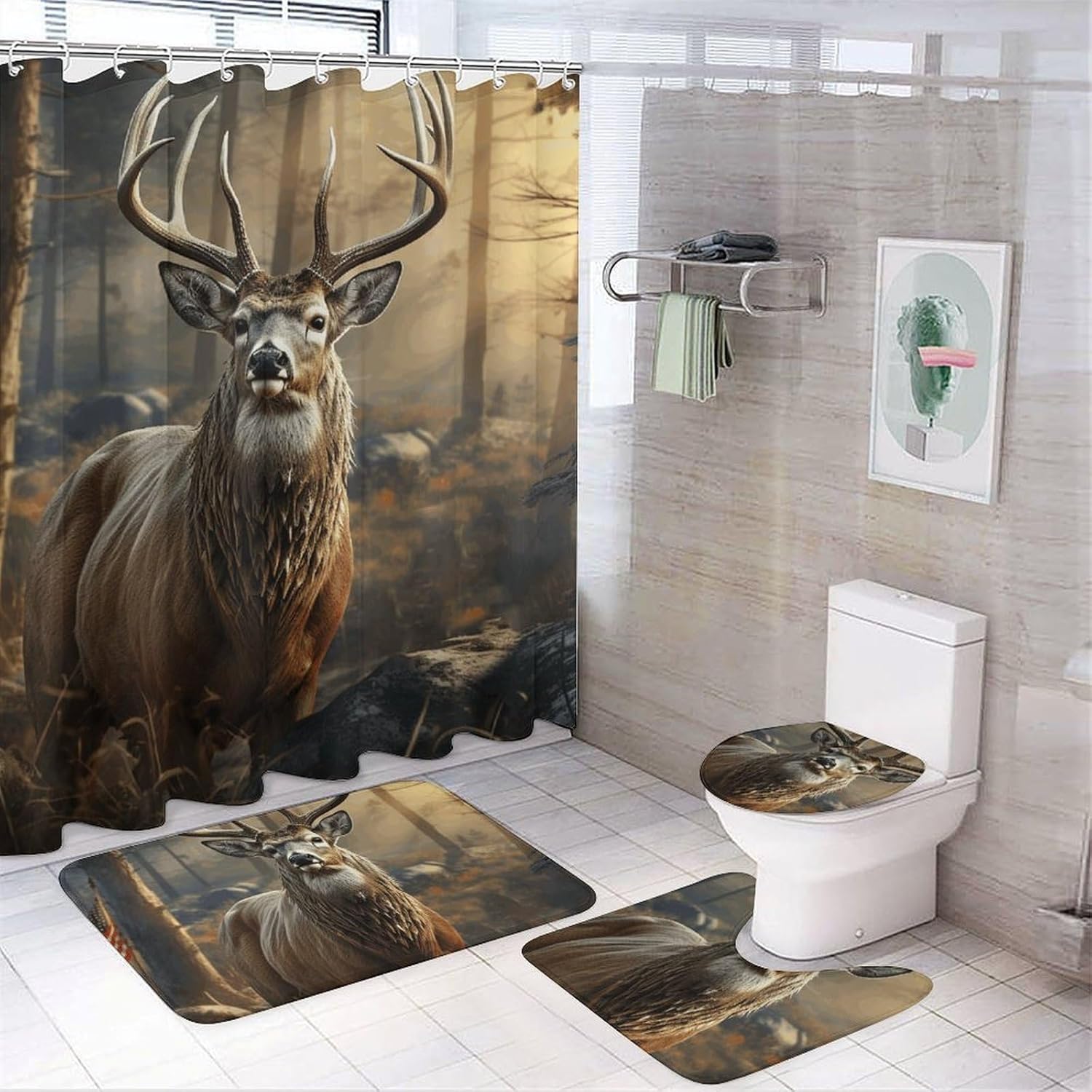 Deer Hunting Season Shower Curtain Set 4 Piece, Non-Slip Bath Mat with Toilet Lid Cover and Waterproof Shower Curtain with 12 Hooks, Complete Bathroom Set for Home Decor
