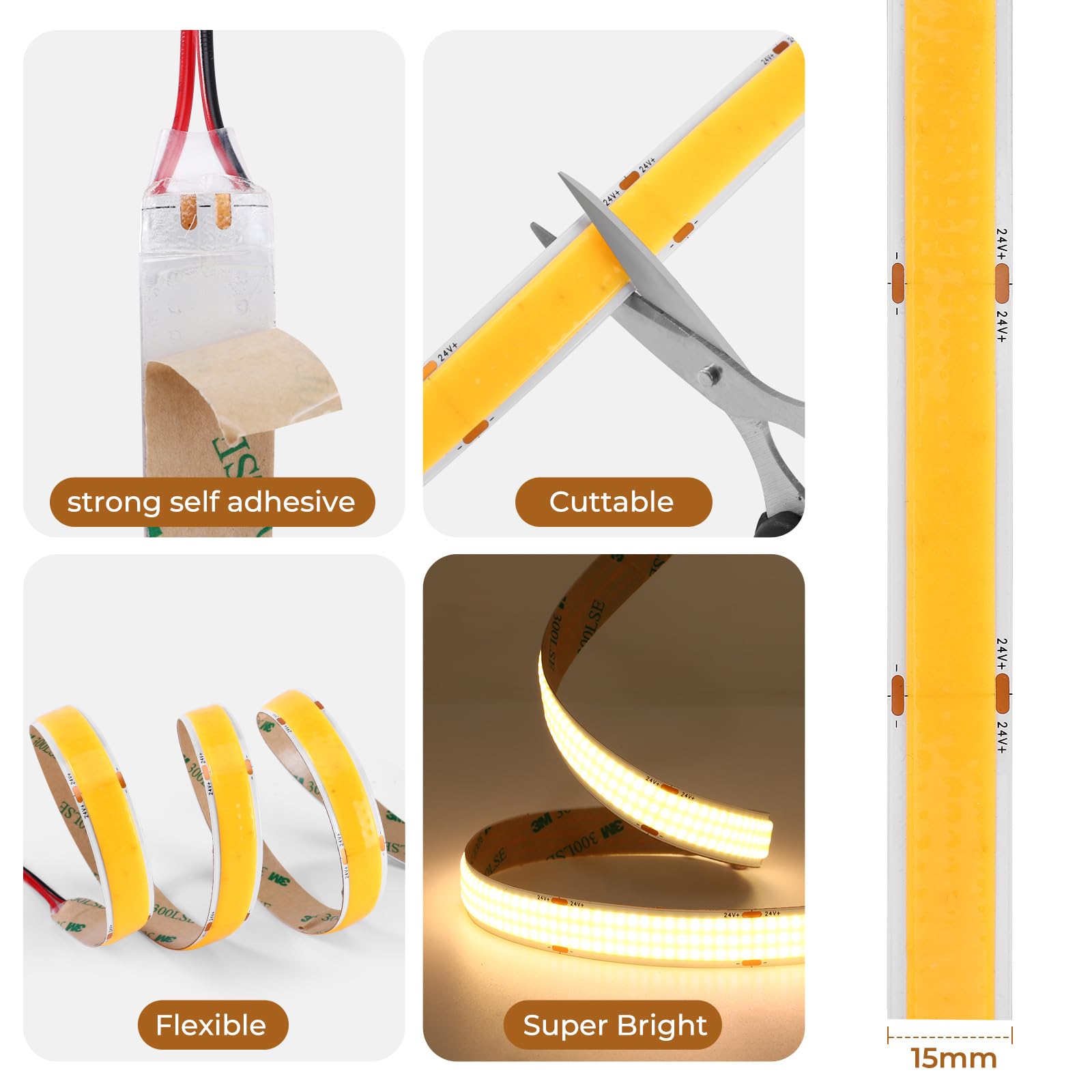 Striscia LED COB da 15 mm, 5 m, continua e senza punto, 3 file, 960 LED/m, 24 V, 25 W/m, 90 lm/W, CRI 92+, striscia LED bianca fredda, per decorazione industriale e commerciale (senza