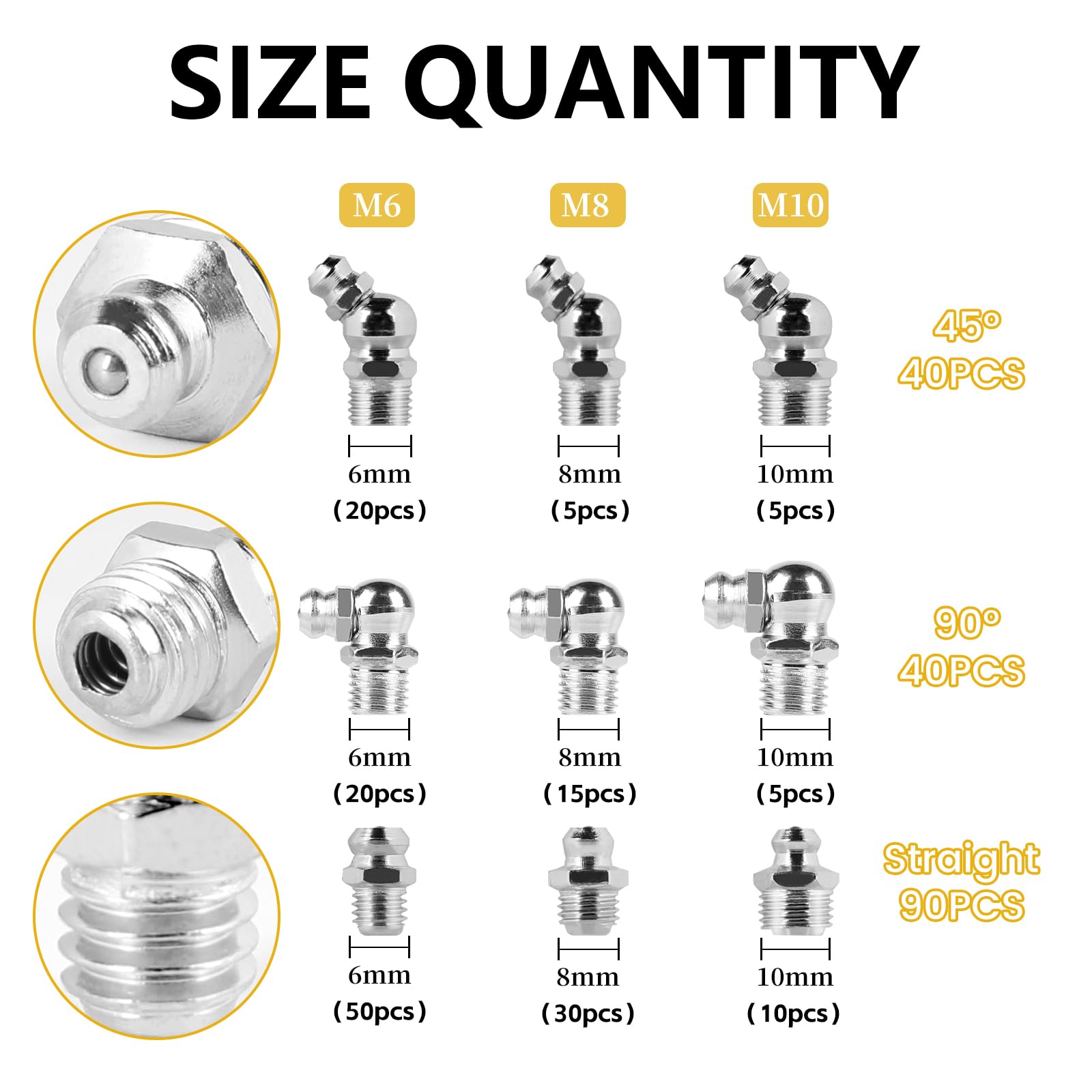 60 Pièces Graisseurs UKOFEW - M6 M8 M10, Angles 45° 90° 180°, Boîte Incluse