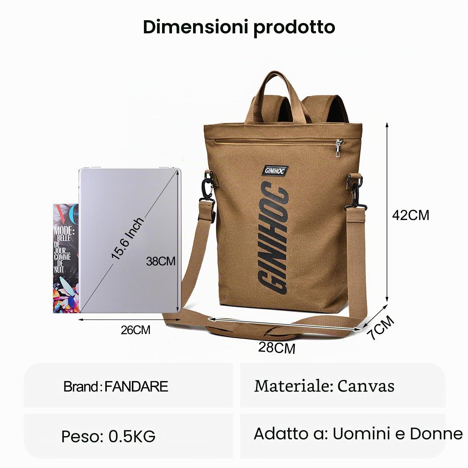 FANDARE Zaino Tela Porta PC Cartelle Zaino Donna Uomo Università Zaini Casual Borsa a Spalla Ragazzo Ragazza per Scuola Viaggio Marrone