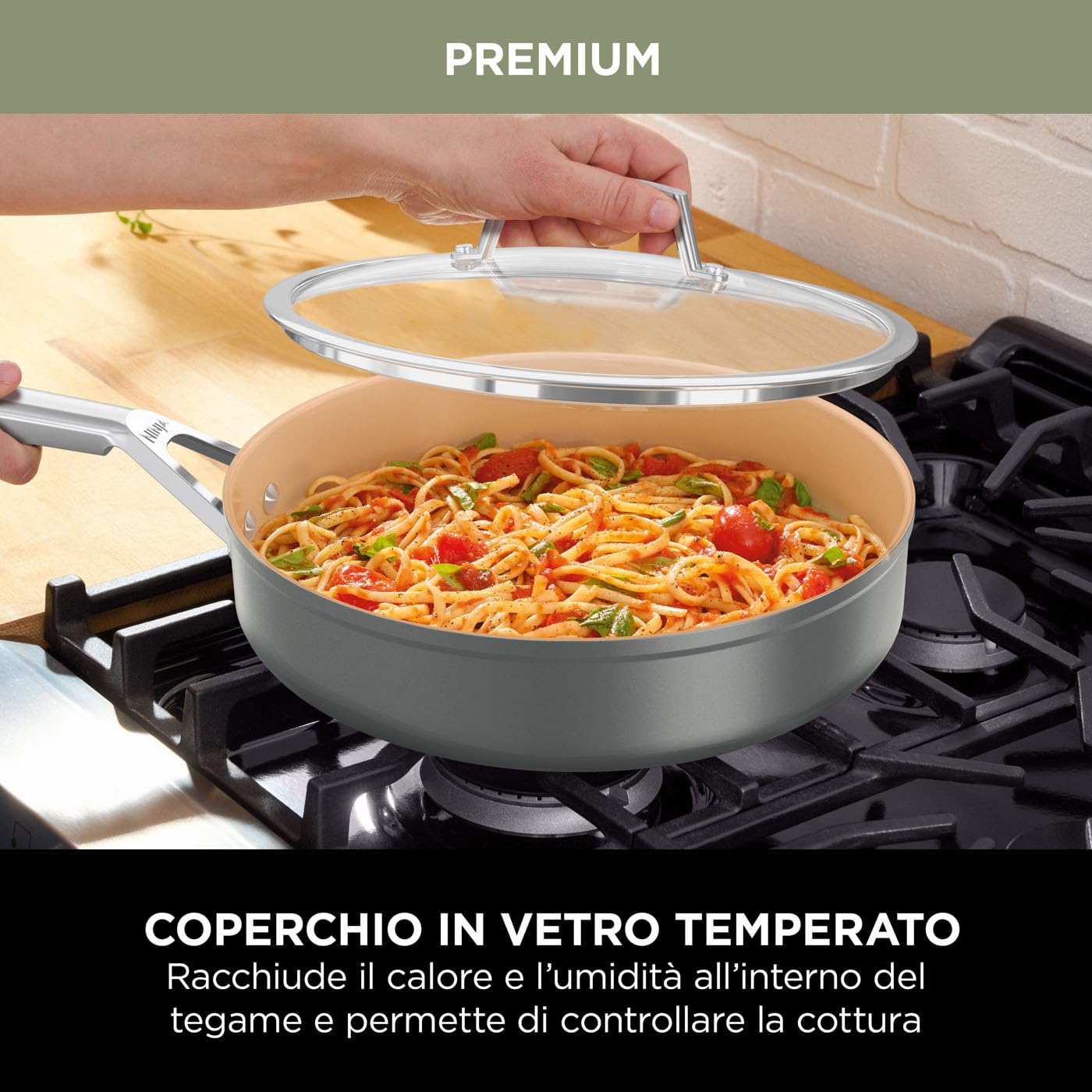Ninja Set di Pentole in Ceramica a Lunga Durata, Grigio/Terracotta | 2 Padelle e 3 Pentolini con Coperchio, Antiaderenti (senza PFAs, PFOAs, Piombo o Cadmio), in Forno fino a 285°C