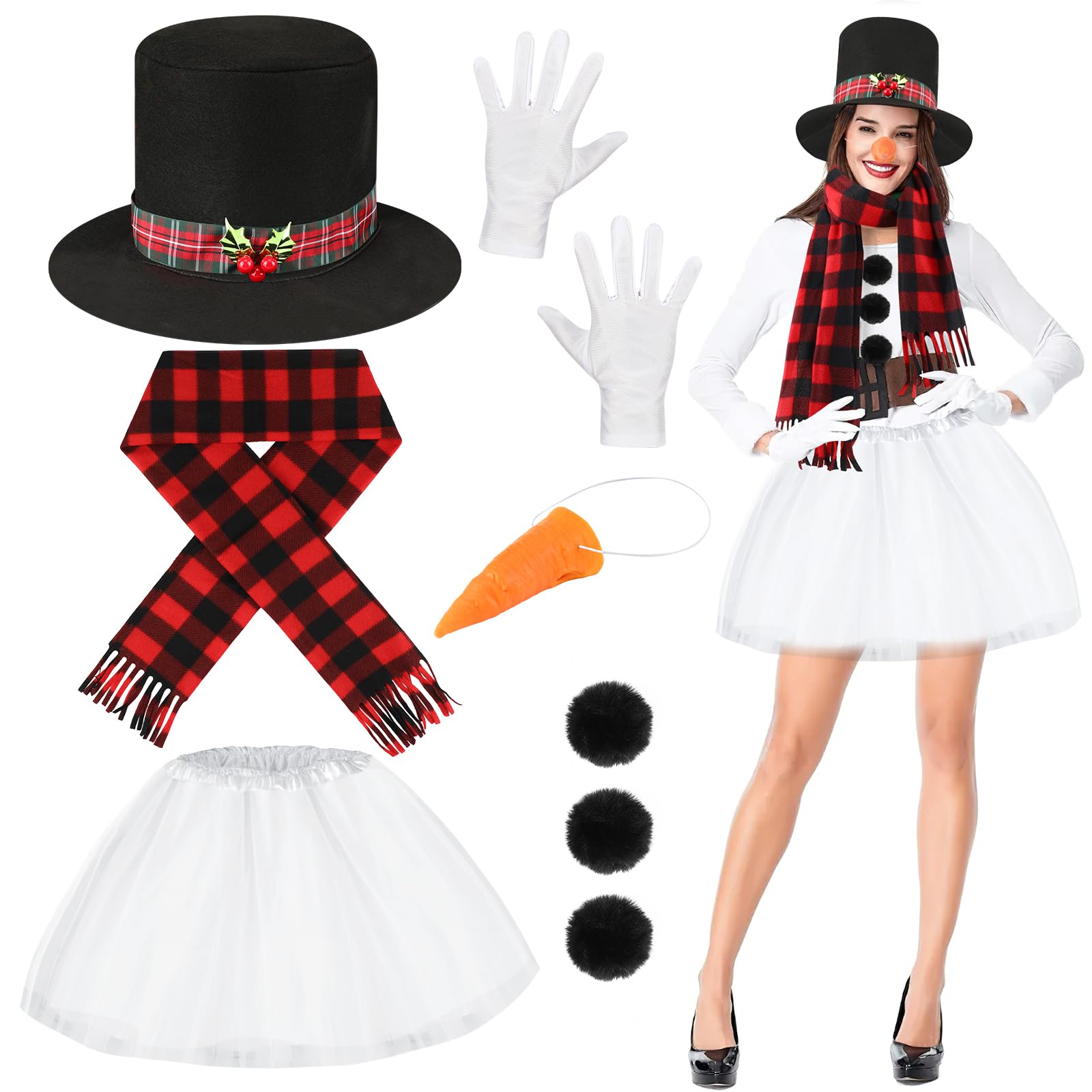 Beipegin 8 Piece Snowman Costume Adult,Snowman Outfit Tutu Skirt Snowman Scarf Christmas Hat Carrot Nose Gloves Pom Pom Balls Christmas Fancy Dress for Women Xmas Party Cosplay Set Accessories