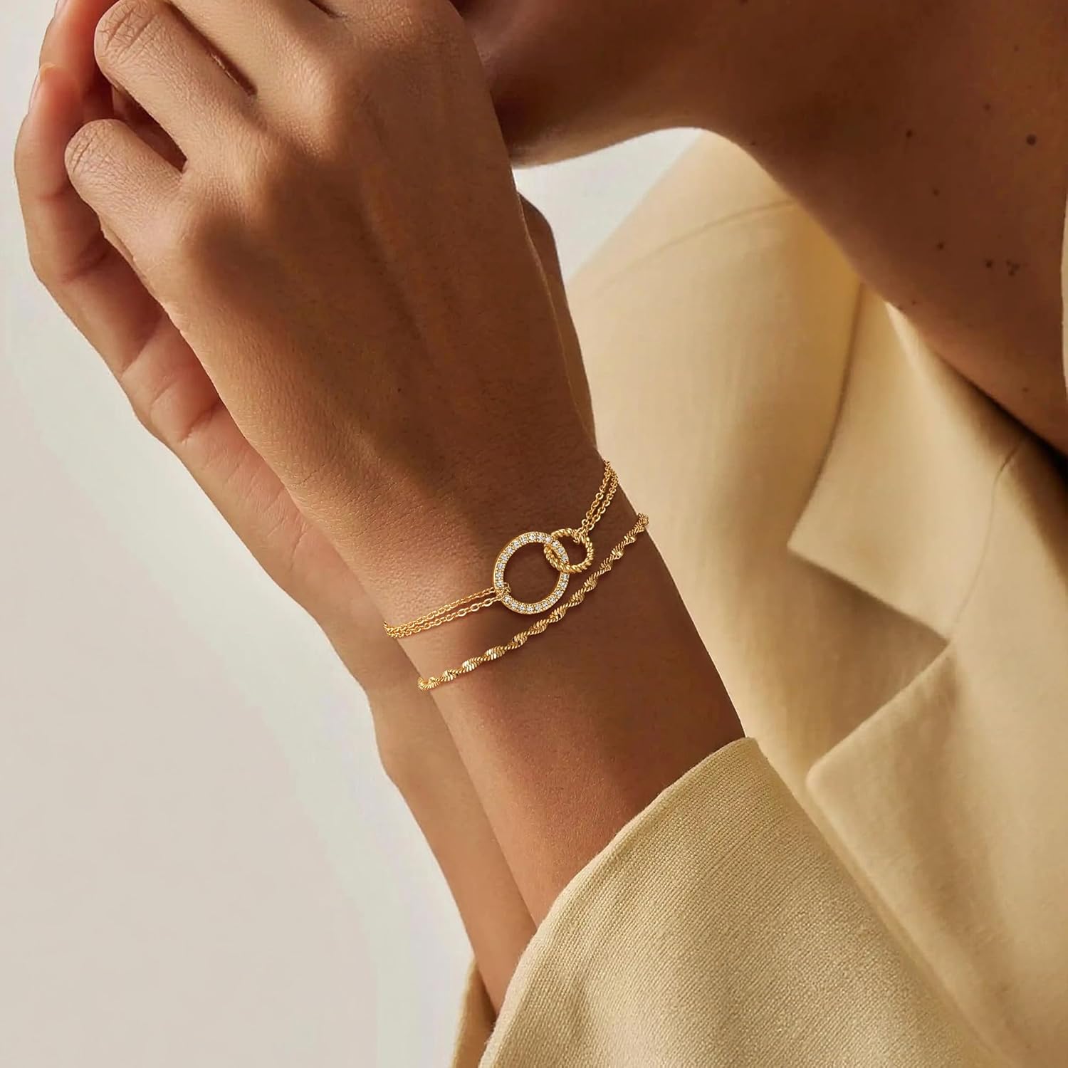 MEVECCO Women Gold Chain Bracelet, 18K Gold Plated Karma Adjustable Layered Bracelet Delicate Minimalist Handmade Bracelet for Women Jewelry - Image 2