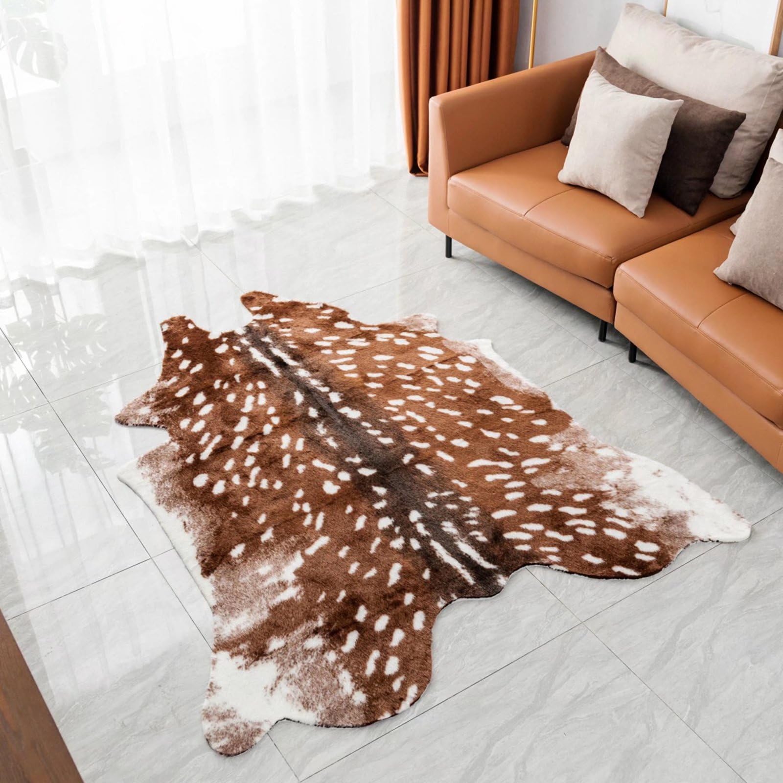 Grand tapis Sika en fausse fourrure avec imprimé cerf - 1,5 x 1,8 m - Blanc et marron