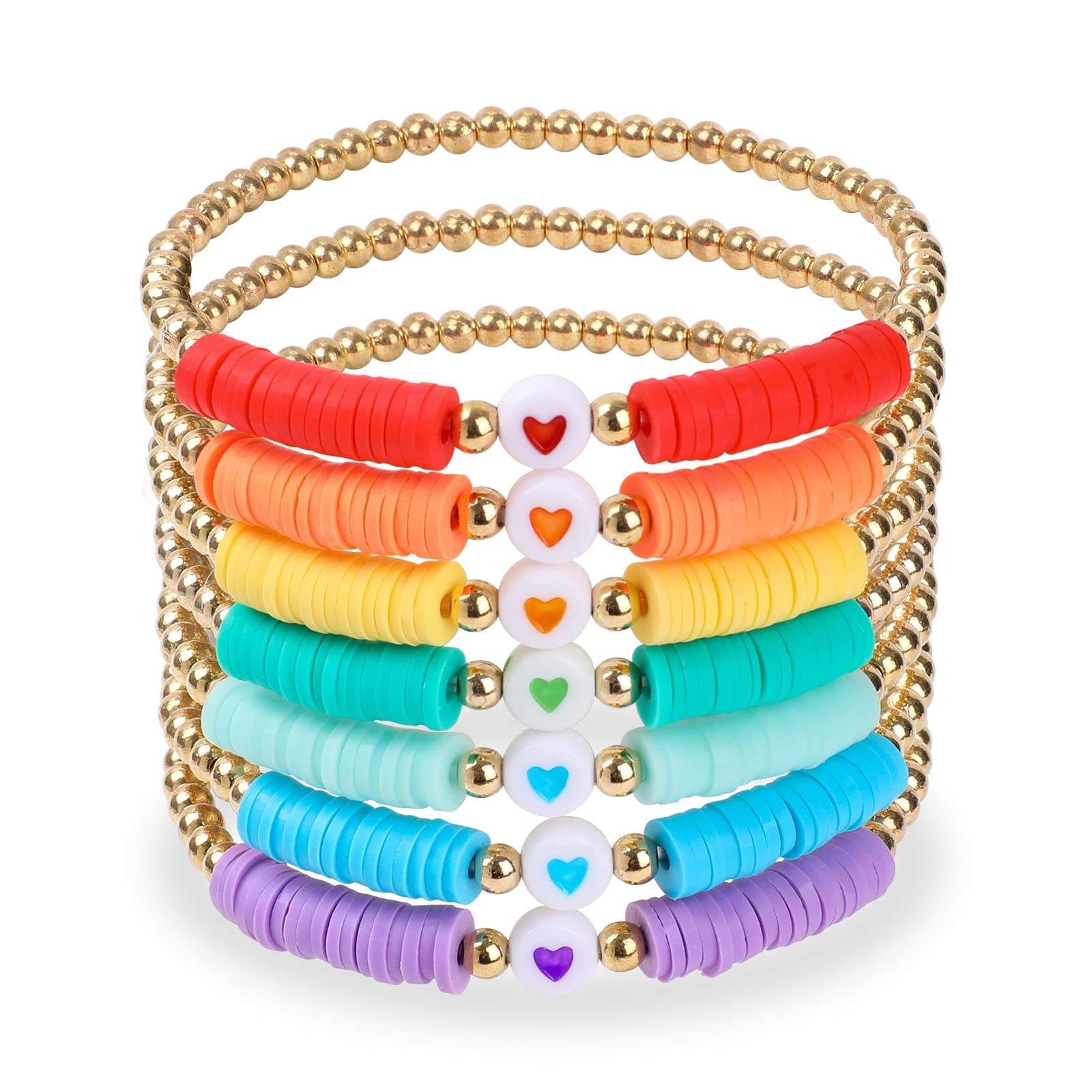 Miss RabbitRainbow Beaded Bracelets for Women Girls Stackable Heishi Surfer  Bracelets Set Heart Beads Colorful Clay Stretch Bracelets Layering