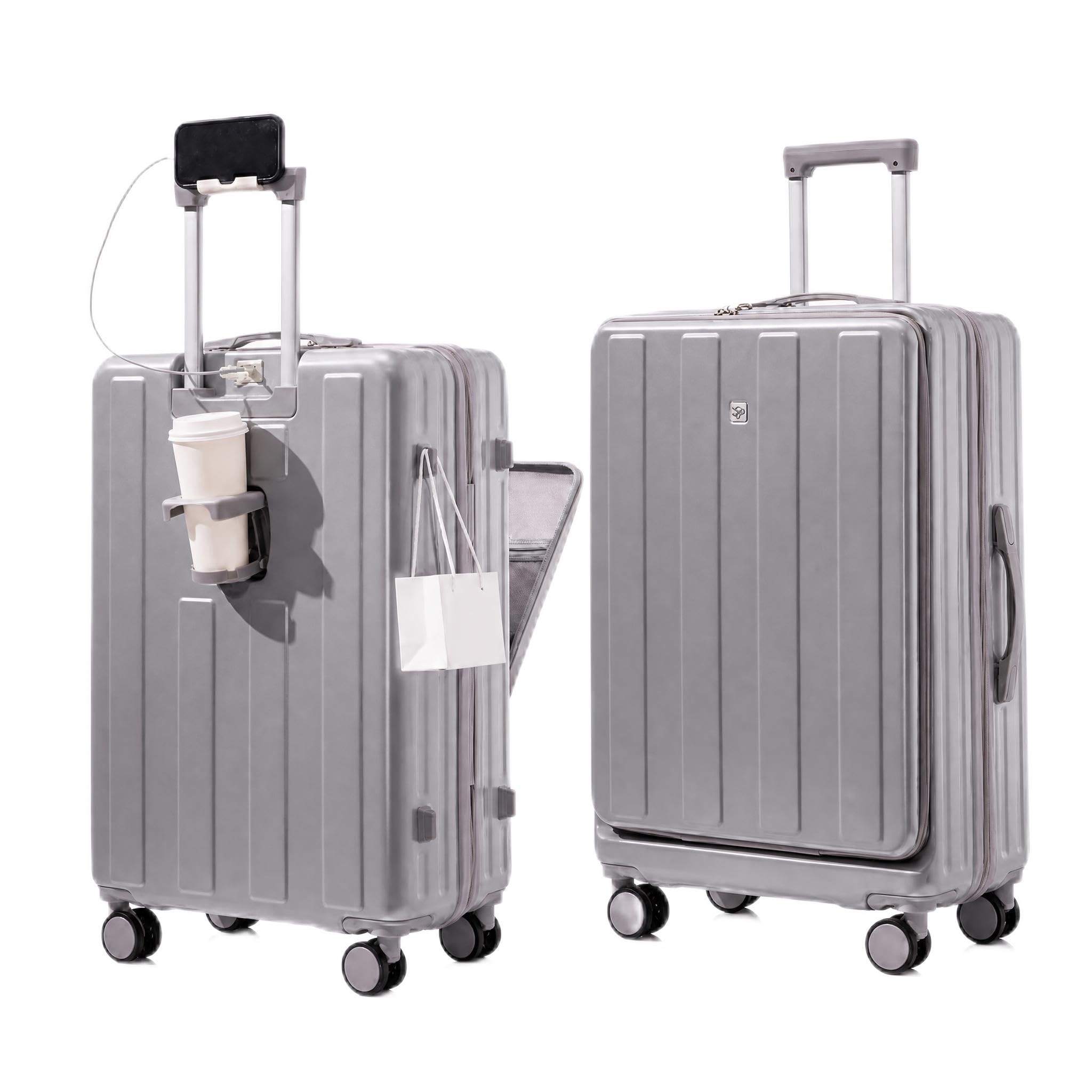 Valigia trolley a mano valigia cabina leggera rigida con porta bevande, scomparto per laptop e lucchetto TSA, ideale per viaggi e viaggi d'affari, 20 pollici, argento, Mini, Classico