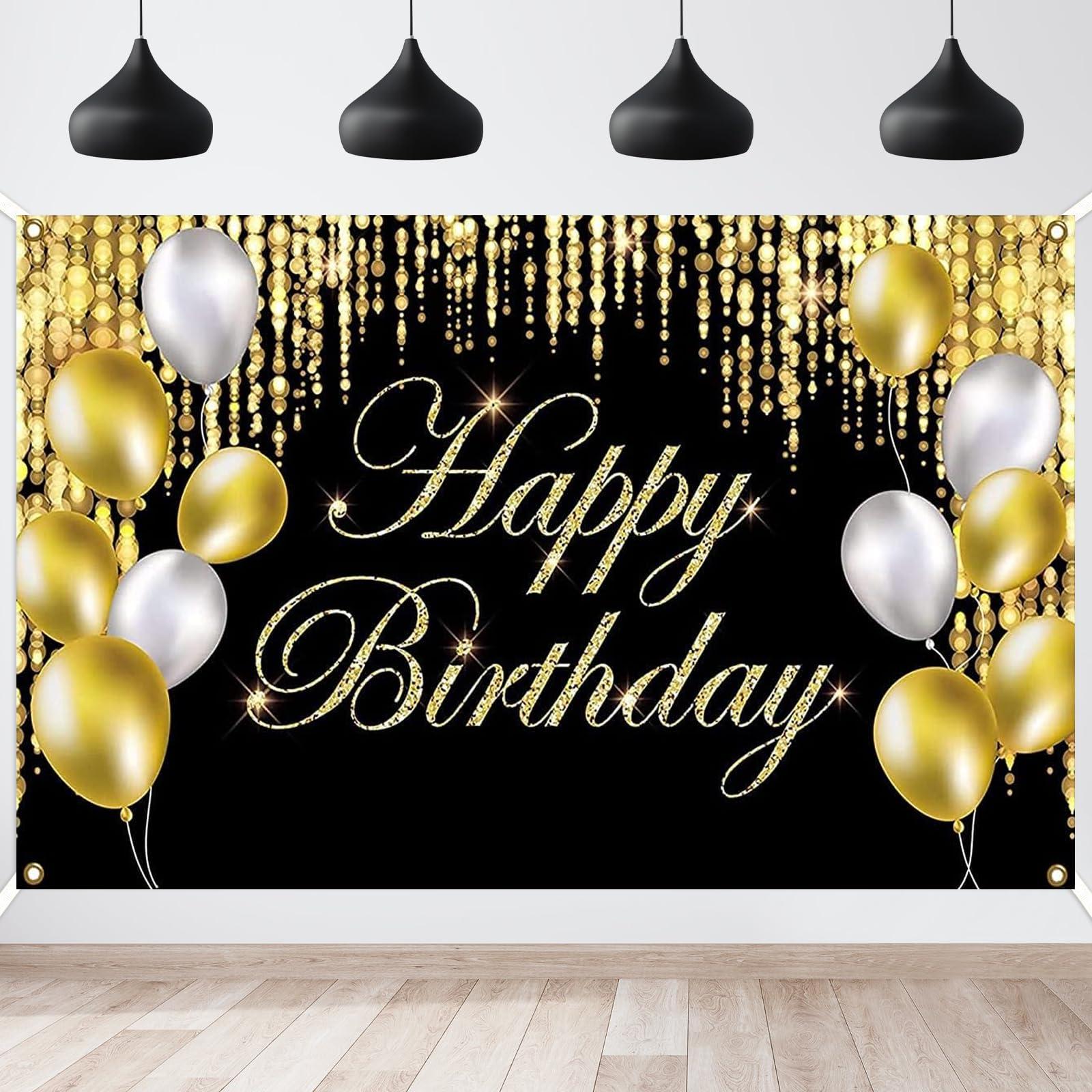 Birthday Banner,180 x 110cm Happy Birthday Banner,Fabric Happy Birthday Background Banners Decorations,Large Size Banners Poster Suitable for Boys Girls,Indoor and Outdoor Party Decoration(Black Gold)