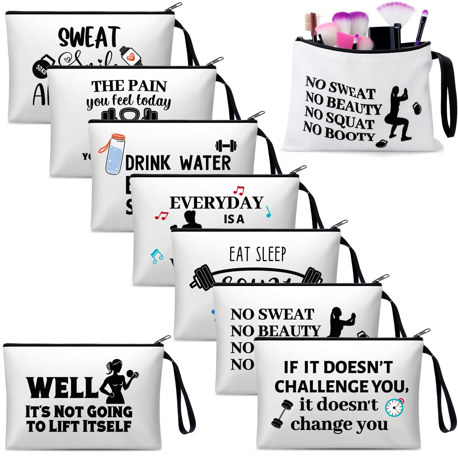 8 Pcs Workout Cosmetic Bags Workout Gifts Funny Sports Lover Gym Gifts Gym Fitness Makeup Bags for Women Body Builder Zipper Pouch for Fitness Bodybuilding Lovers