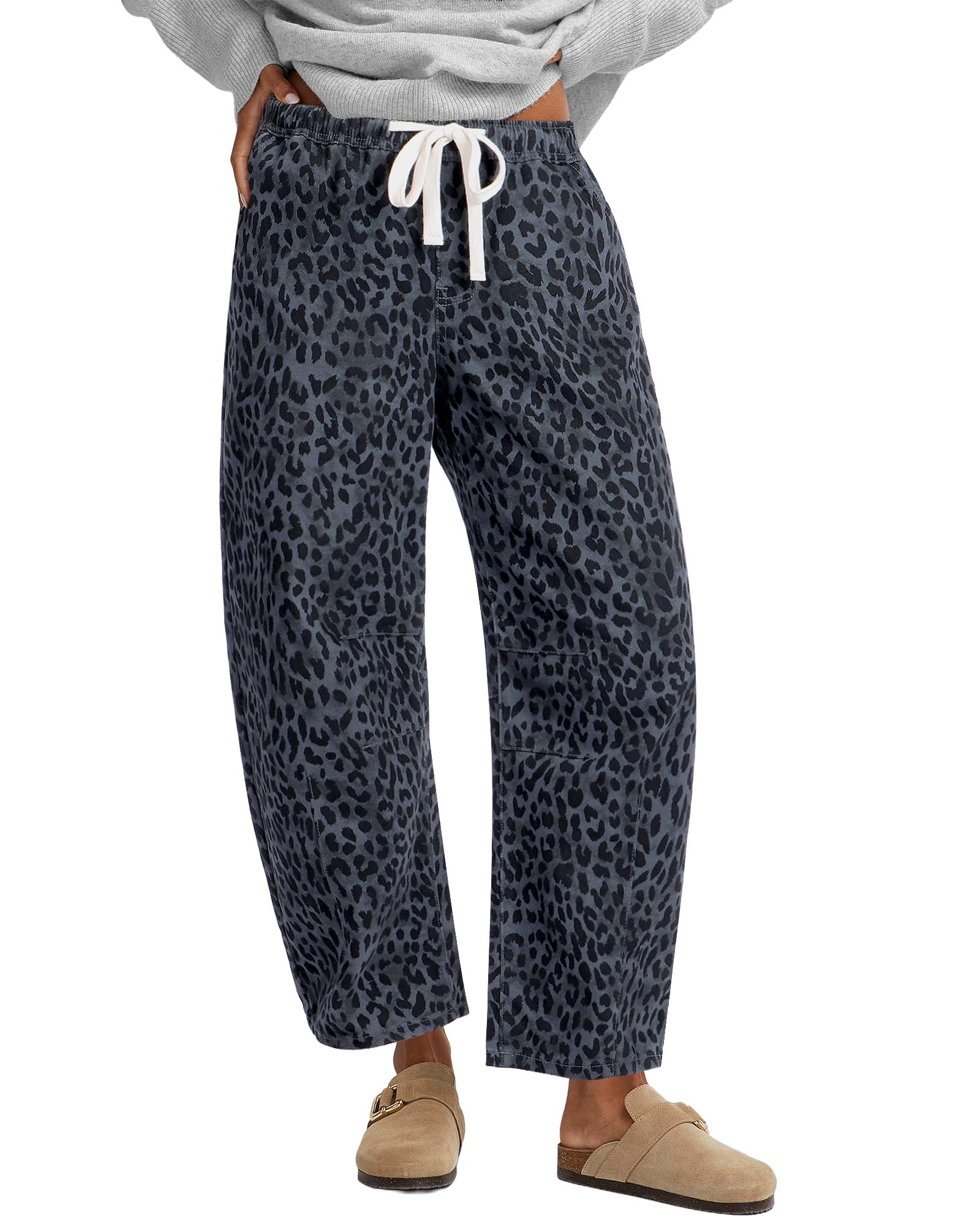 GRAPENT Barrel Jeans for Women Trendy High Waisted Pull On Wide Leg Cropped Leopard Cheetah Print Stretchy Denim Pants