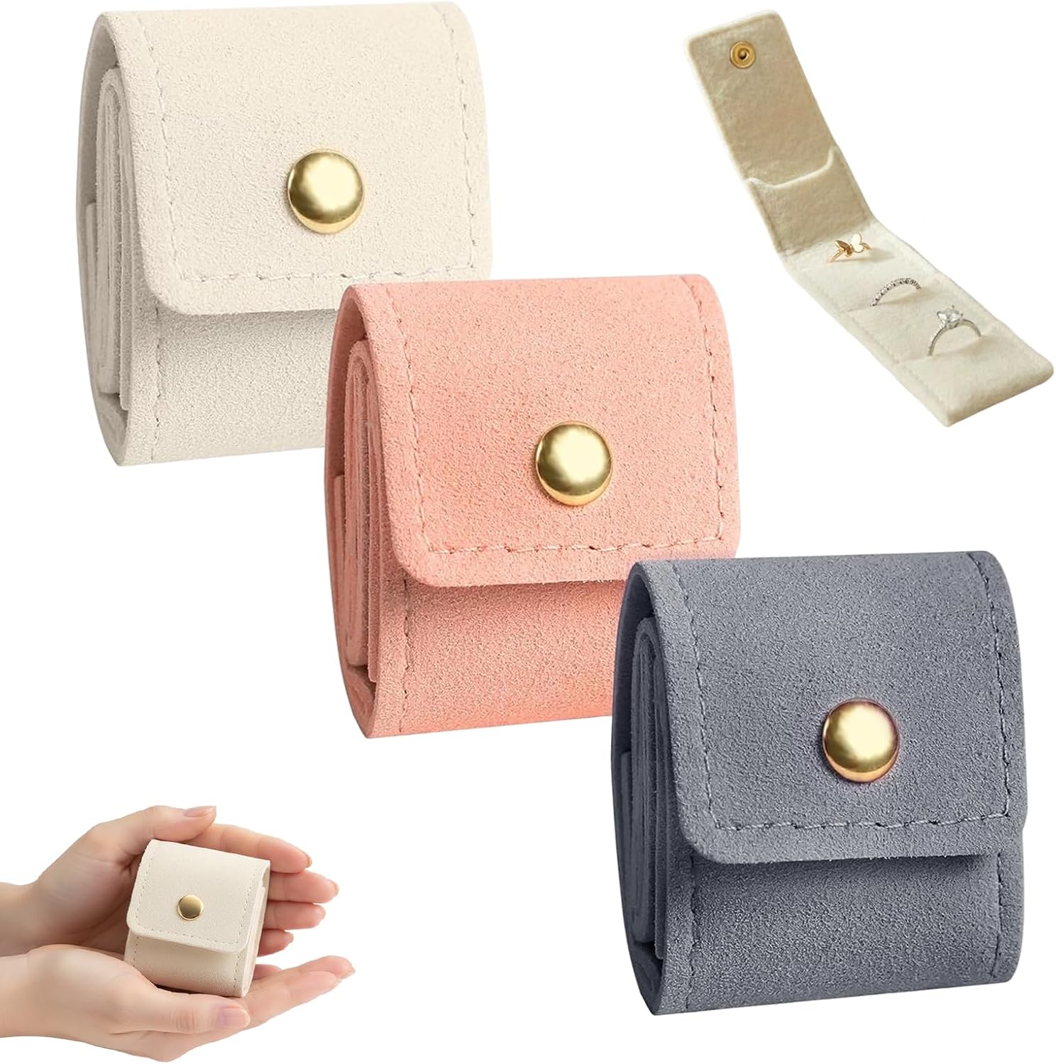 3 Pcs Mini Travel Jewelry Bag,Mini Travel Jewelry Bag Foldable with Snap Fastener Design,Portable Jewelry Bag,Multi-Compartment Jewelry Travel Pouch for Earrings, Rings, Necklaces (Beige +Pink +Gray)