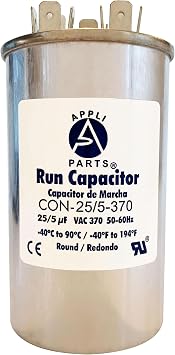 Appli Parts Dual Run Capacitor for ac 25+5 Mfd uF microfarads 370VAC CBB65 Round Universal fit for hvac and other applications 2 in Wide 3-3/4 in Height CON-25/5-370-R