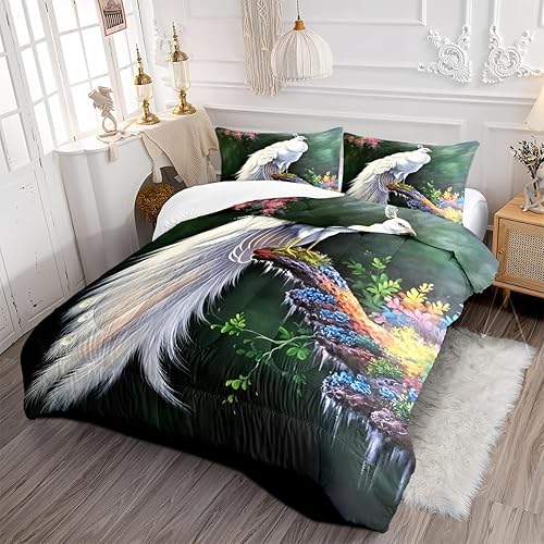 Miniatura 2 de CCoutueChen Juego de edredón de 3 piezas con diseño de plumas de pájaros y animales en una bolsa, tamaño Queen, juego de edredón de pavo real blanco