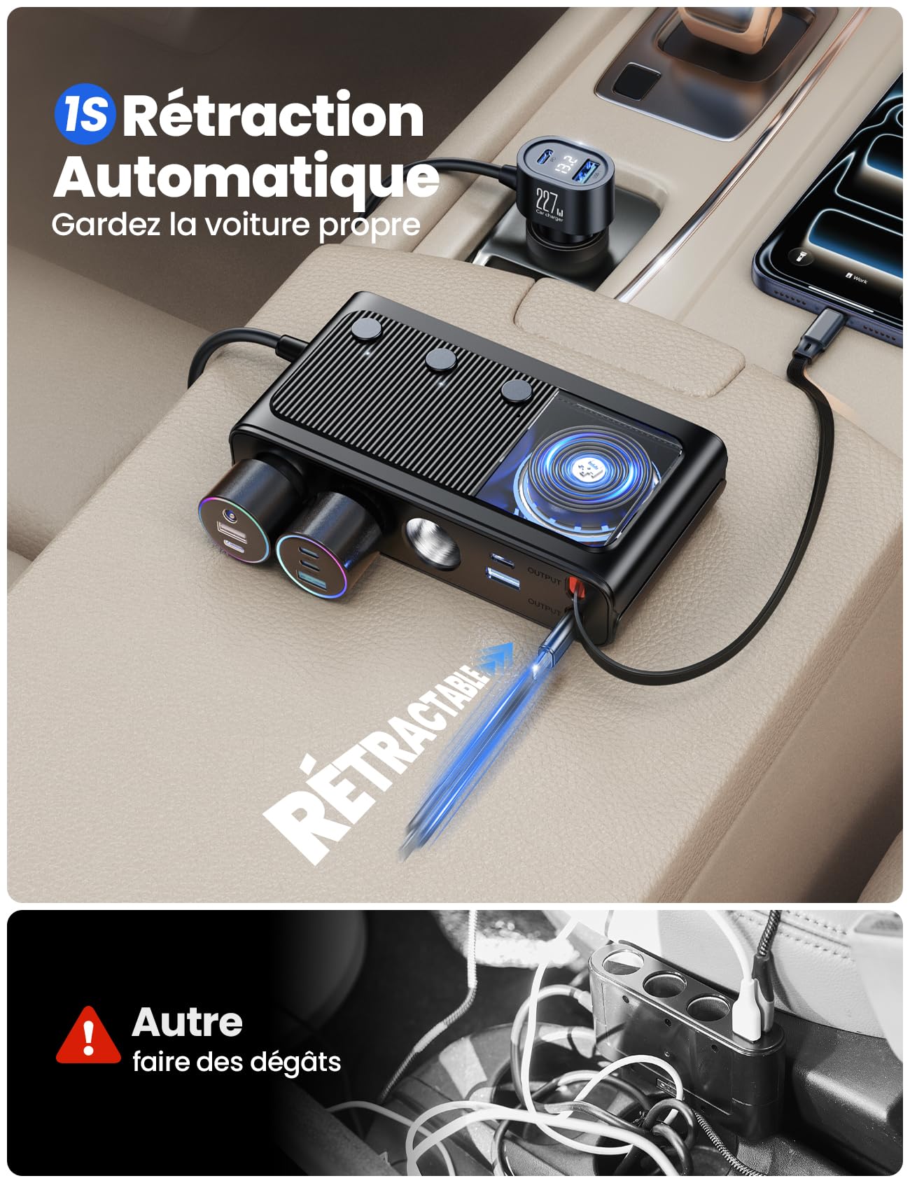 JOYROOM 9-en-1 Adaptateur Allume-Cigare 227W, avec 80cm rétractable 45W câble de charge rapide Type-C et Lightning, 12V/24V Prise Allume Cigare USB, Affichage du Tension par LED pour iPhone 17/Samsung