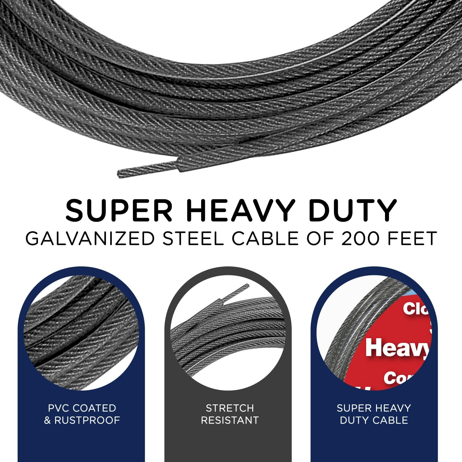 Strata 200 Feet Clothesline Outdoor Heavy Duty Galvanized Wire Steel Cable, Silver PVC Coating - Clothes Line Wires for Outside Laundry Drying