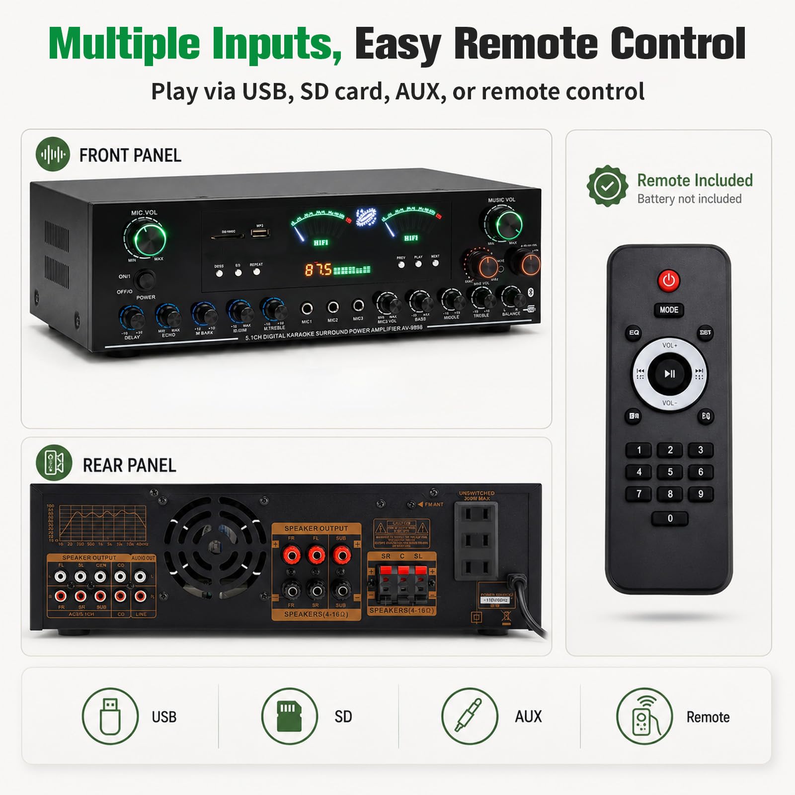 Amplificatore stereo HiFi a 5.1 canali, potenza di picco 3000 W, subwoofer, home theater, amplificatore con Bluetooth 6.0, riproduzione USB/SD, 3 ingressi microfono, 8 livelli terminali con sistema di